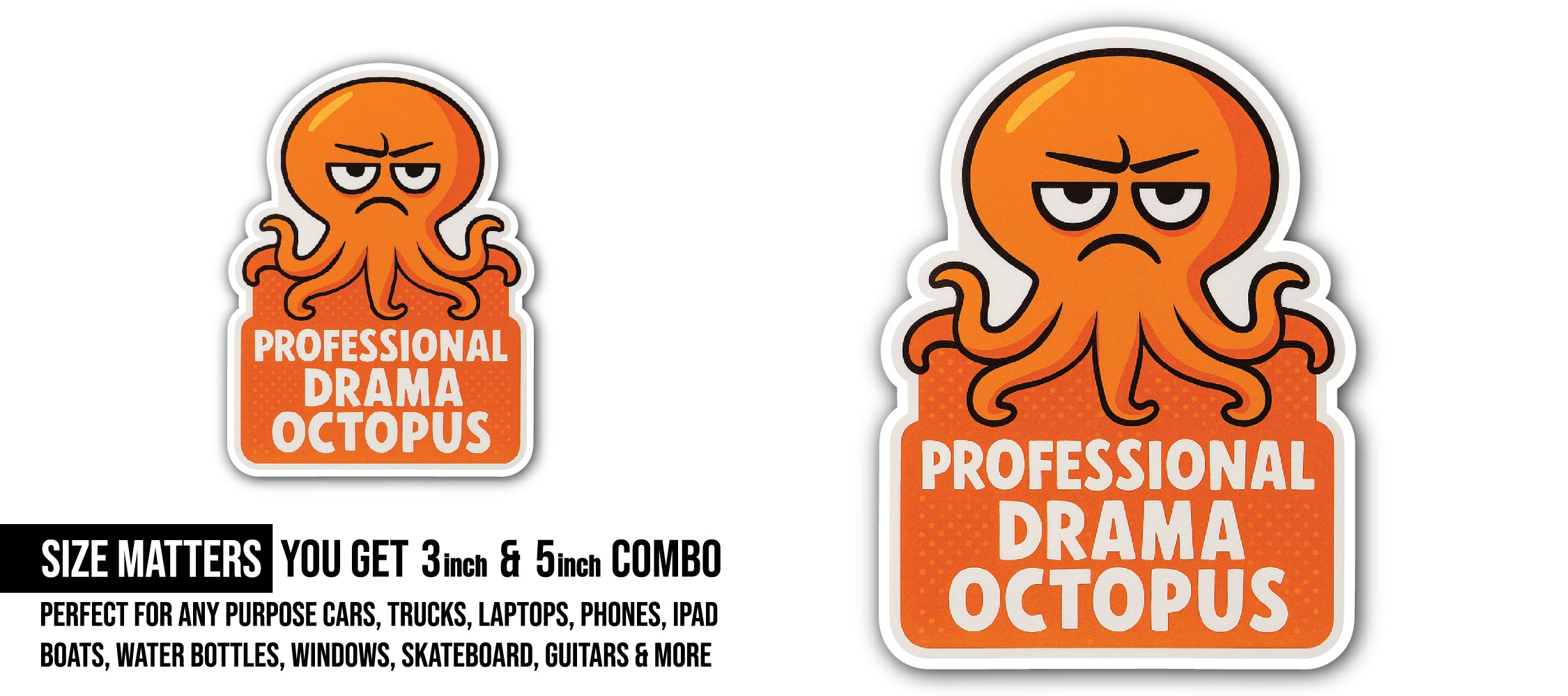 Orange Octopus Sticker, Waterproof Vinyl Decal Sticker Indoor Or Outdoor 2 (Pieces) 3" and 5"