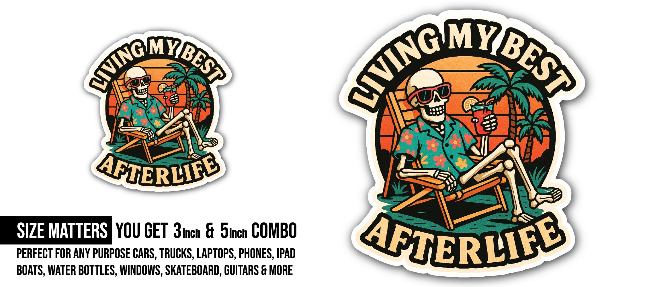 Cute Skeleton On Vacation Sticker, Waterproof Vinyl Decal Sticker Indoor Or Outdoor 2 (Pieces) 3" and 5"