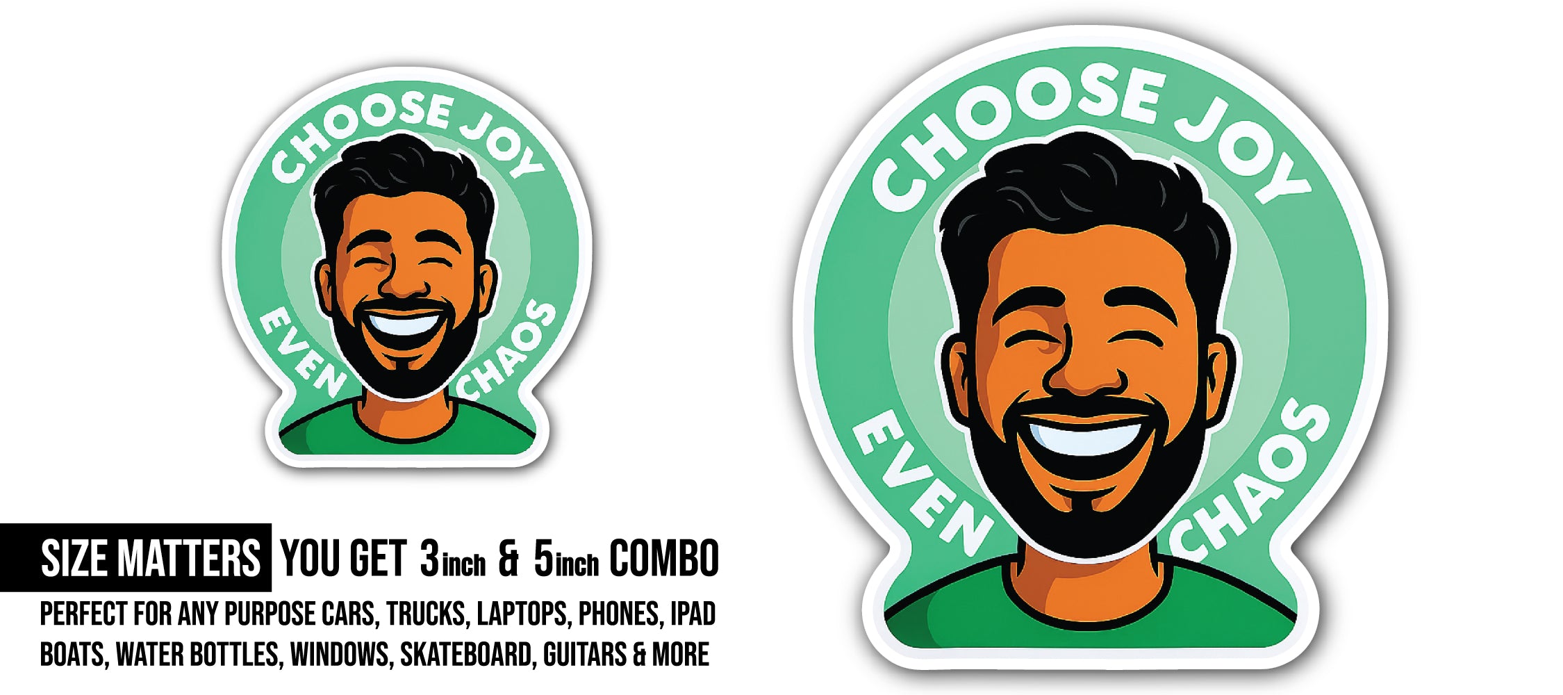 Smile Face Man Sticker, Waterproof Vinyl Decal Sticker Indoor Or Outdoor 2 (Pieces) 3" and 5"