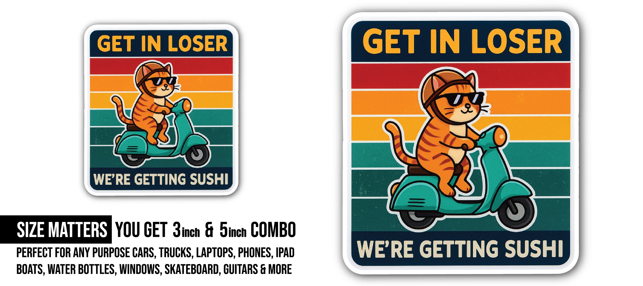 Sushi Cat Express Sticker, Waterproof Vinyl Decal Sticker Indoor Or Outdoor 2 (Pieces) 3" and 5"