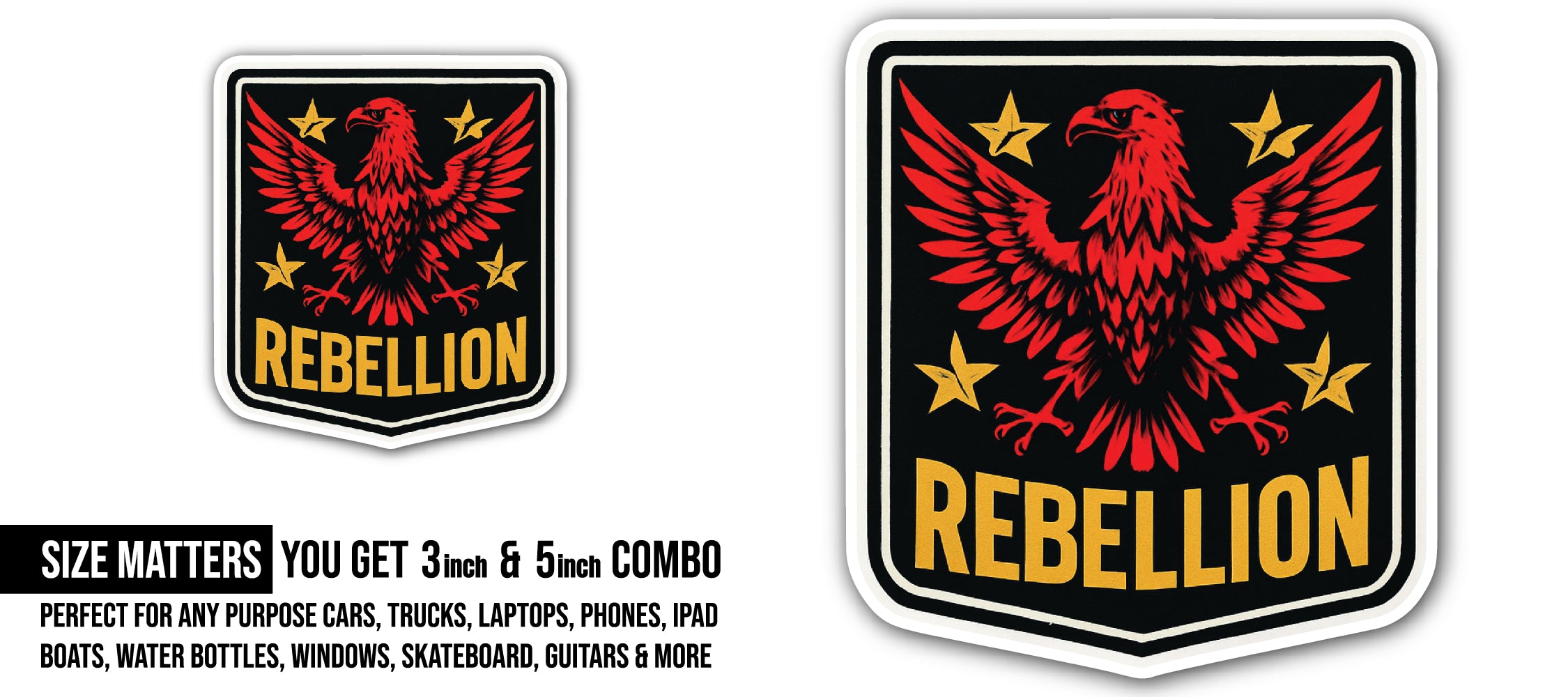 Rebellion Eagle Emblem Sticker, Waterproof Vinyl Decal Sticker Indoor Or Outdoor 2 (Pieces) 3" and 5"