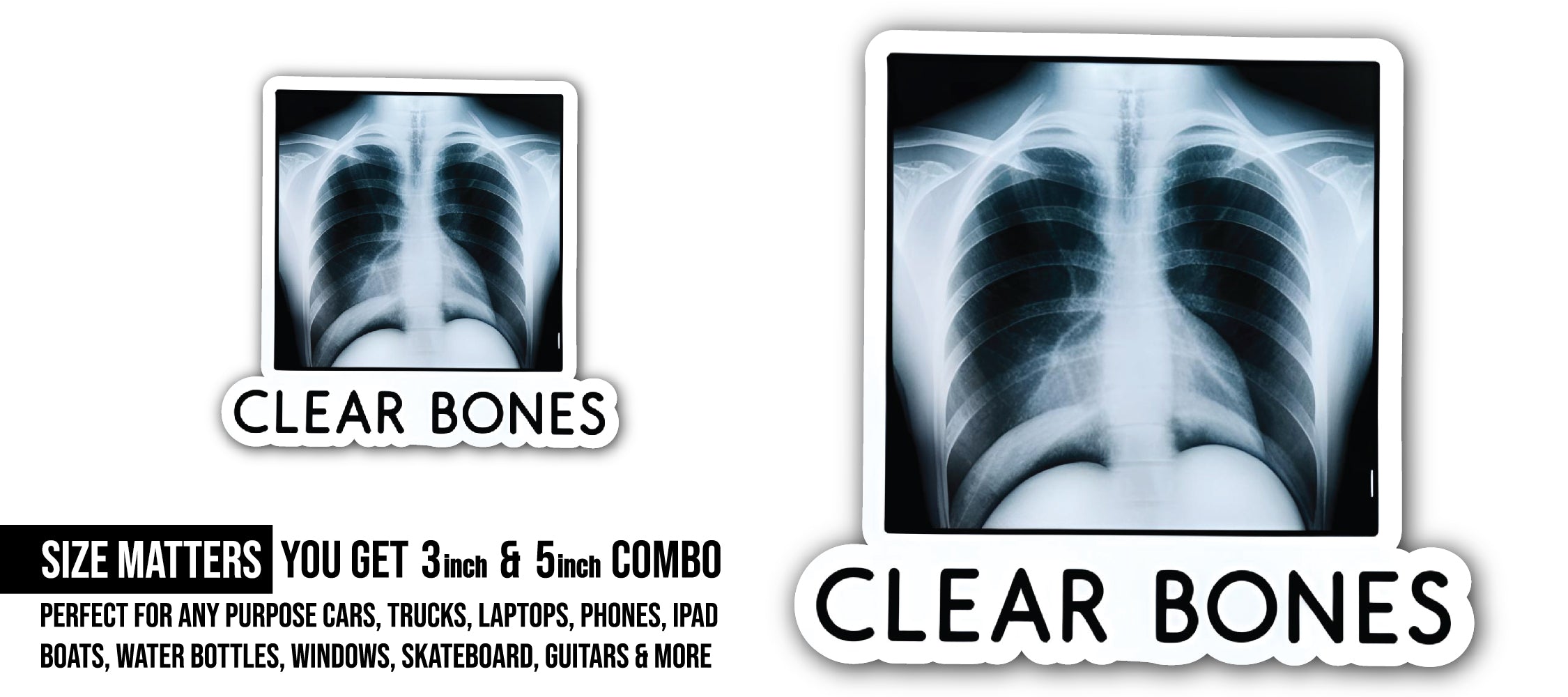 Clear Bones Sticker, Waterproof Vinyl Decal Sticker Indoor Or Outdoor 2 (Pieces) 3" and 5"