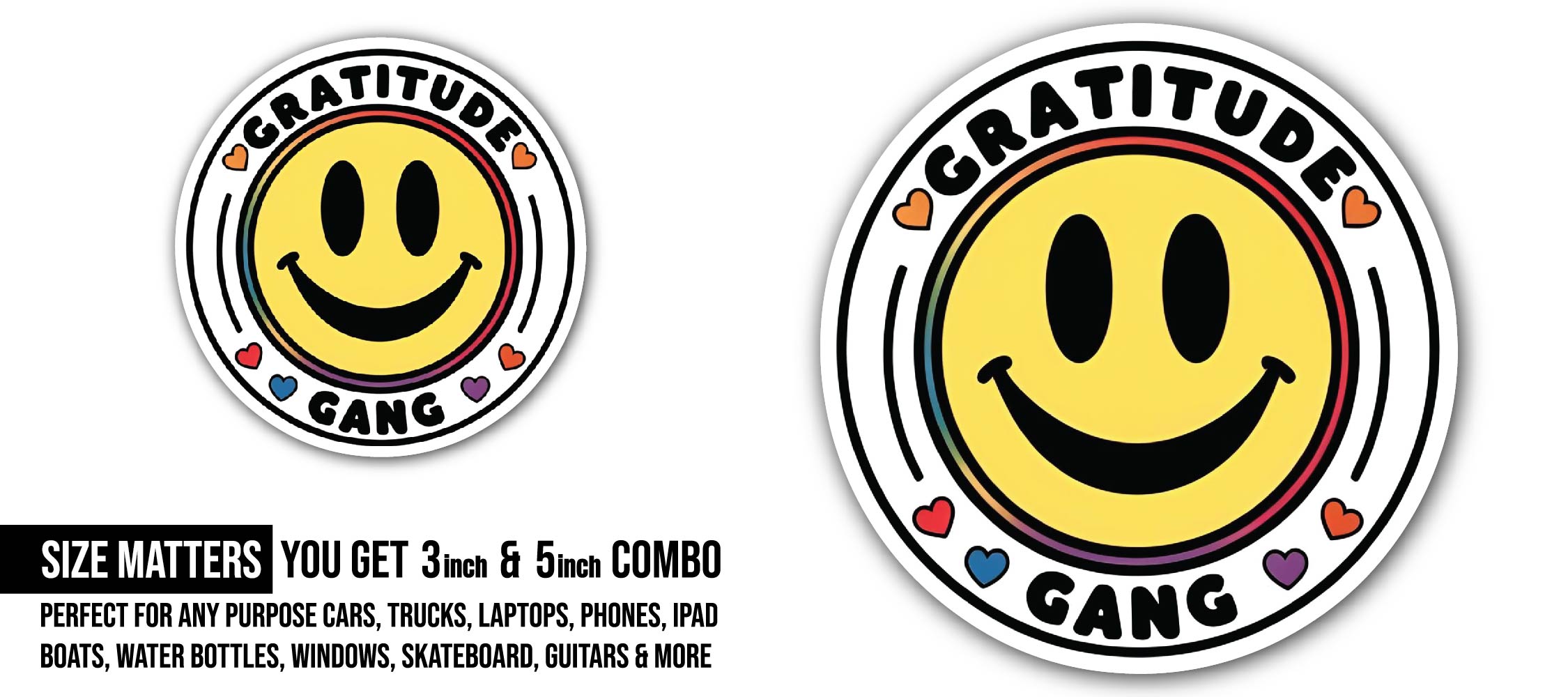 Happy Smiley face Sticker, Waterproof Vinyl Decal Sticker Indoor Or Outdoor 2 (Pieces) 3" and 5"