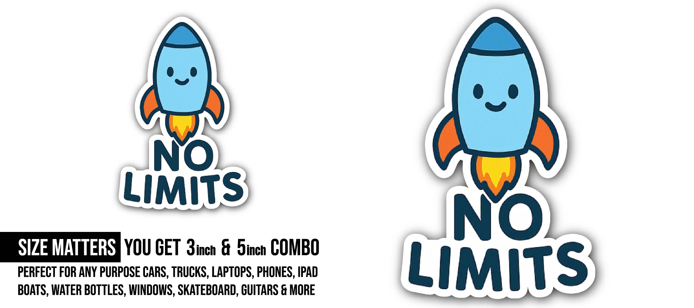No Limits Rocket Sticker, Waterproof Vinyl Decal Sticker Indoor Or Outdoor 2 (Pieces) 3" and 5"