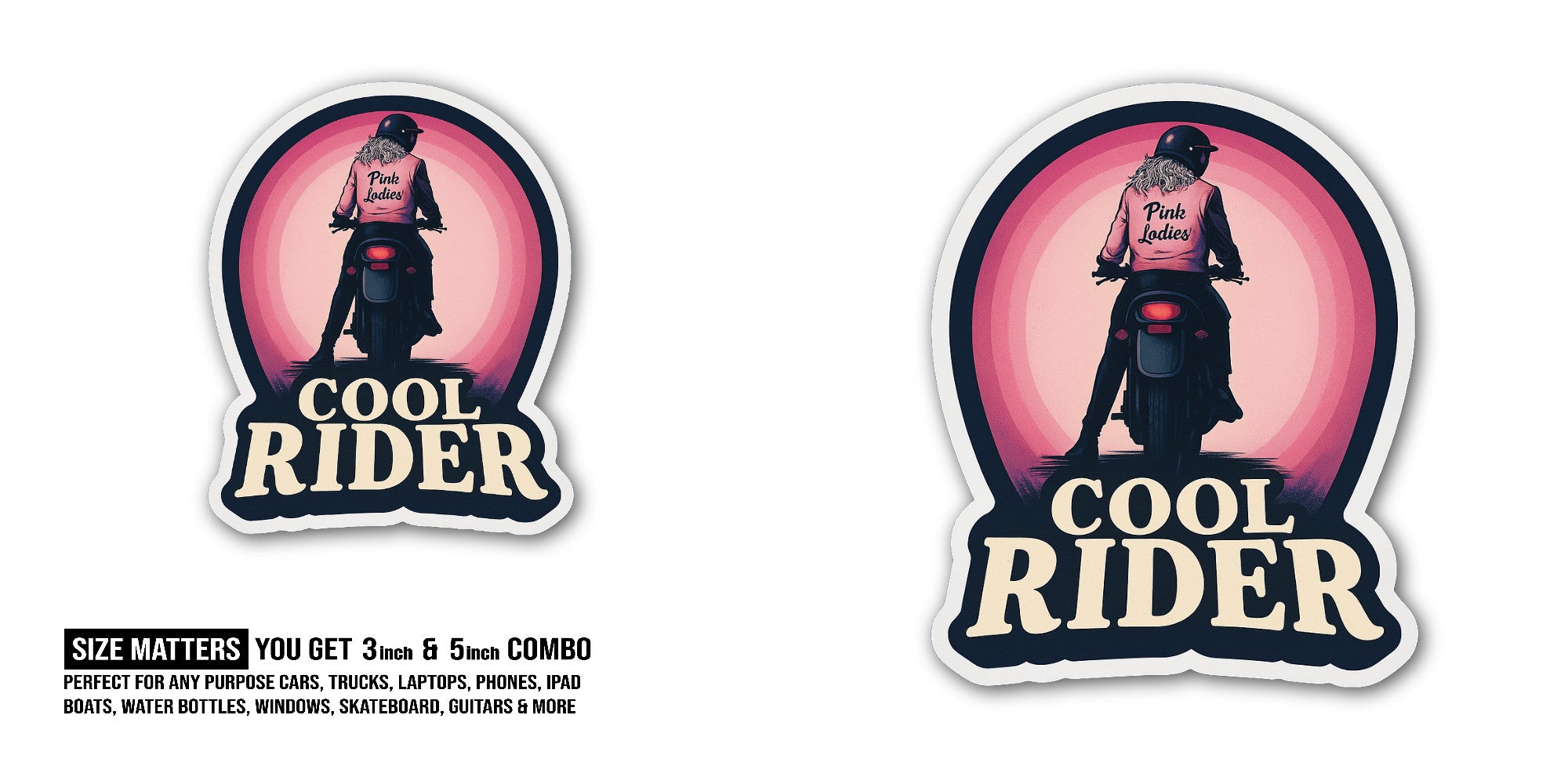 Cool Rider Sticker, Waterproof Vinyl Decal Sticker Indoor Or Outdoor 2 (Pieces) 3" and 5"