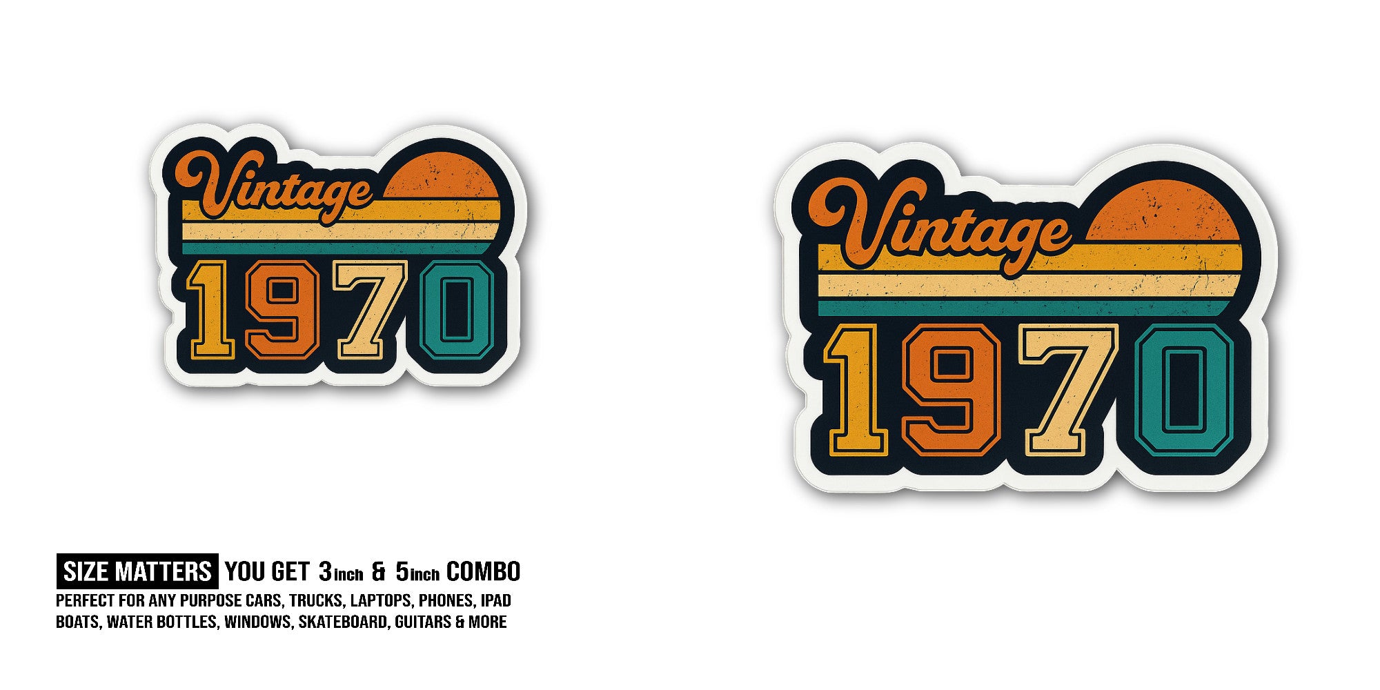 Vintage 1970 Sticker, Waterproof Vinyl Decal Sticker Indoor Or Outdoor 2 (Pieces) 3" and 5"