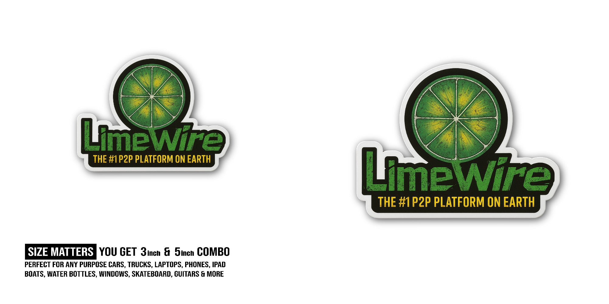 LimeWire Sticker, Waterproof Vinyl Decal Sticker Indoor Or Outdoor 2 (Pieces) 3" and 5"
