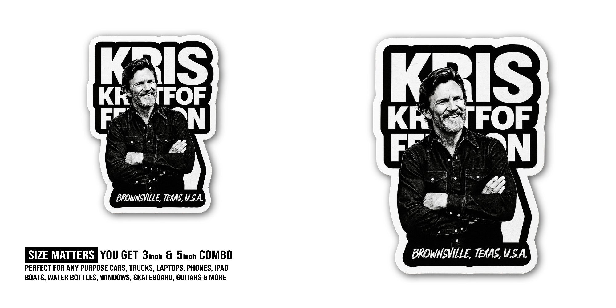 Kris Kristofferson Sticker, Waterproof Vinyl Decal Sticker Indoor Or Outdoor 2 (Pieces) 3" and 5"