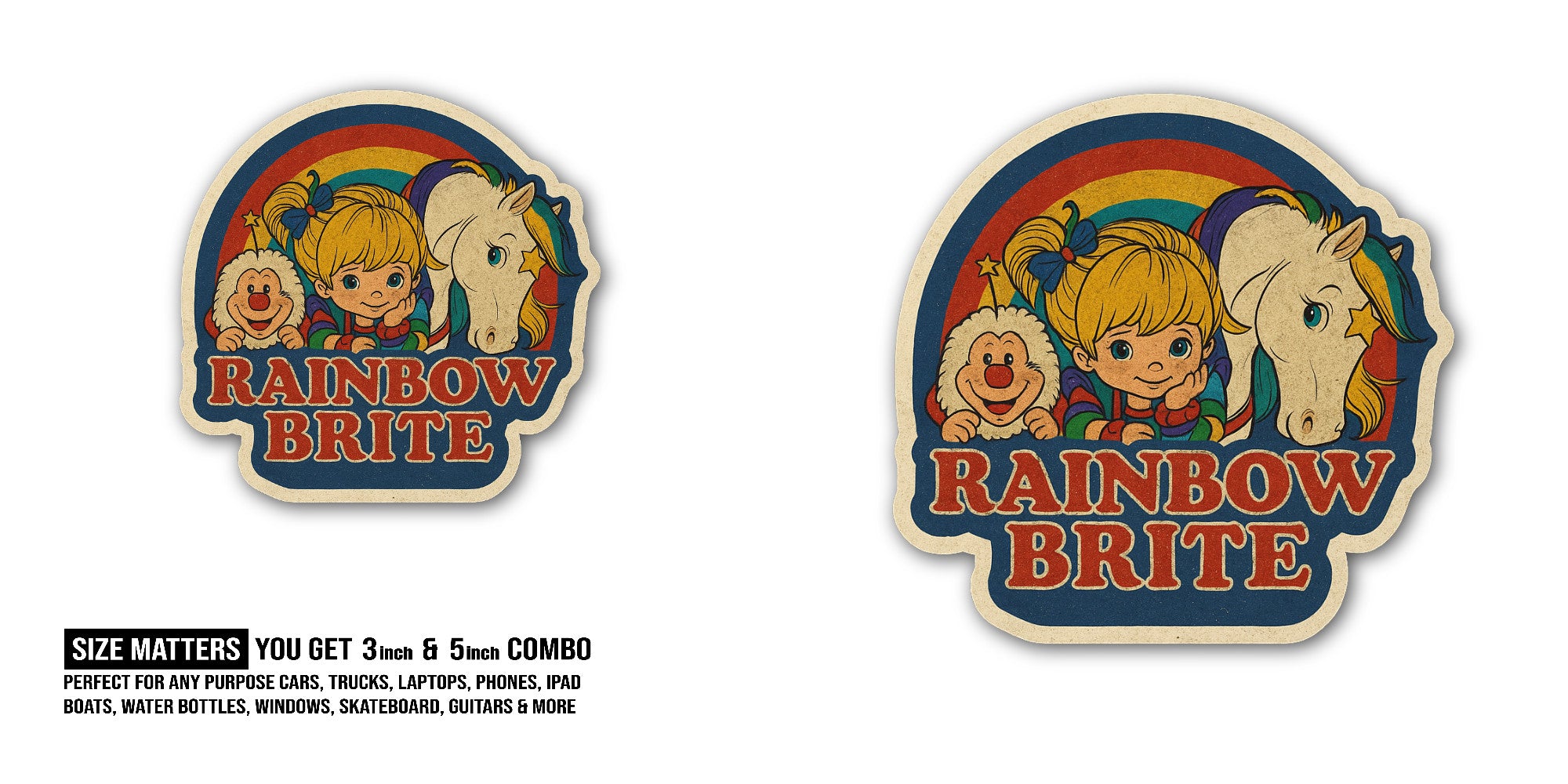 Rainbow Brite Sticker, Waterproof Vinyl Decal Sticker Indoor Or Outdoor 2 (Pieces) 3" and 5"