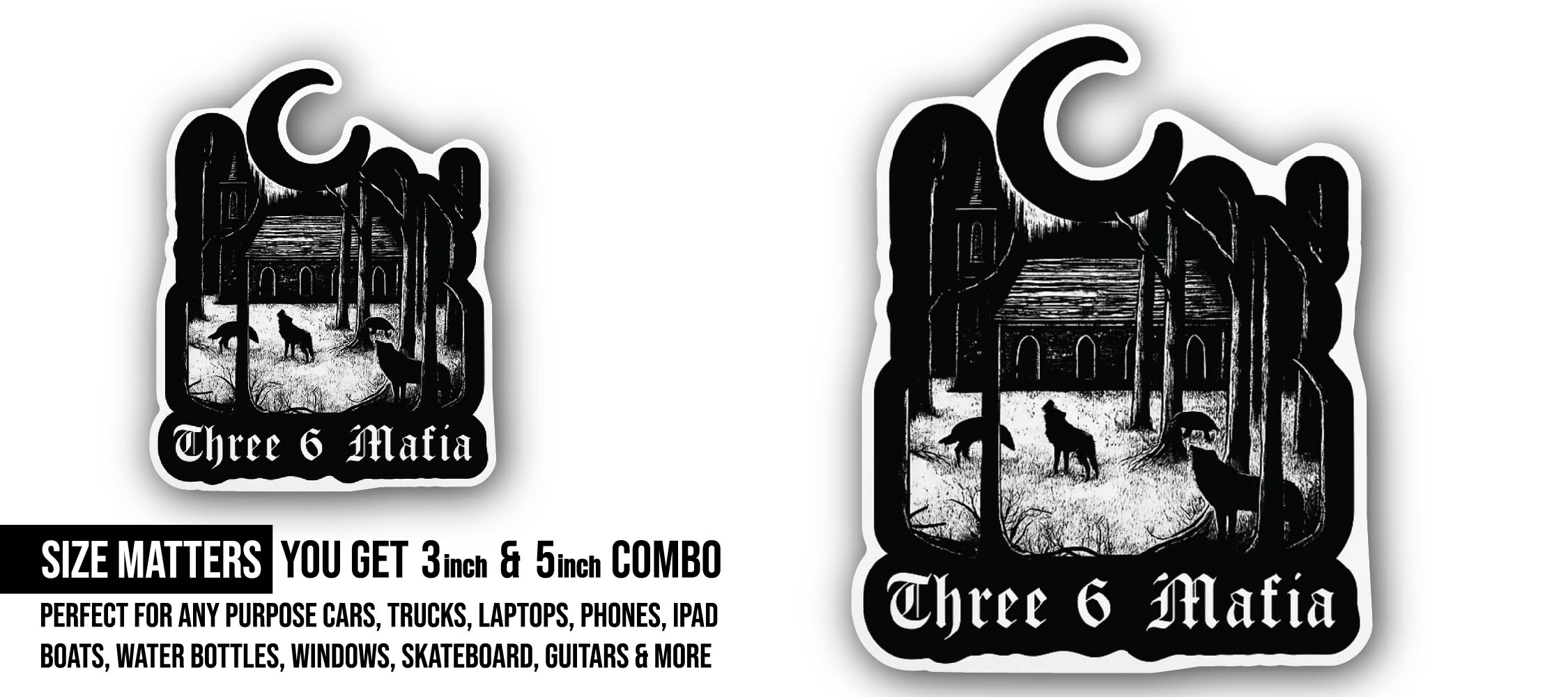 Three 6 Mafia Sticker, Waterproof Vinyl Decal Sticker Indoor Or Outdoor 2 (Pieces) 3" and 5"