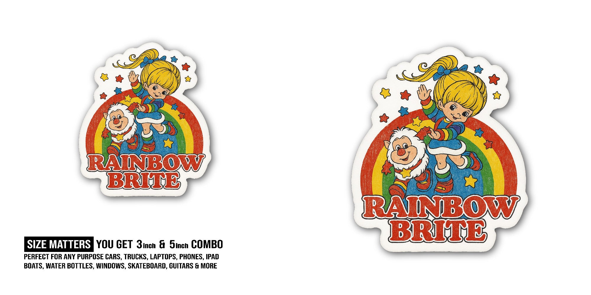 Rainbow Brite Sticker, Waterproof Vinyl Decal Sticker Indoor Or Outdoor 2 (Pieces) 3" and 5"