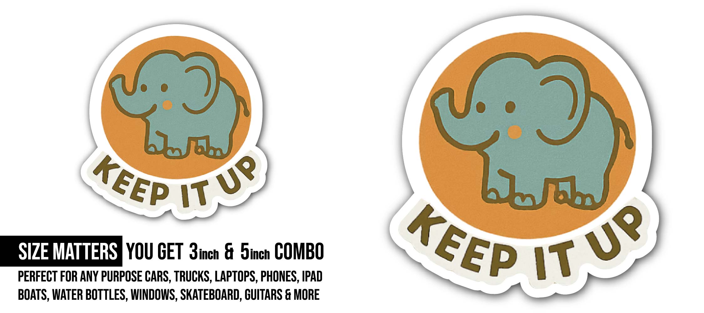 Cute Cartoon Elephant Sticker, Waterproof Vinyl Decal Sticker Indoor Or Outdoor 2 (Pieces) 3" and 5"
