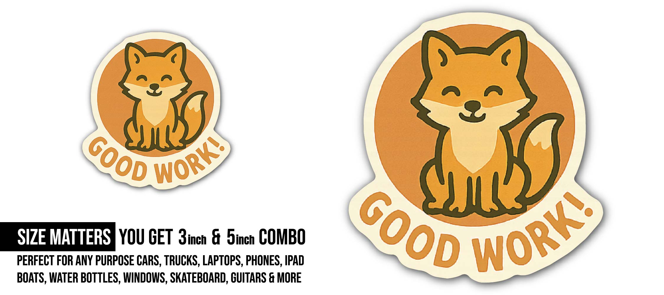 Cute Fox Sticker, Waterproof Vinyl Decal Sticker Indoor Or Outdoor 2 (Pieces) 3" and 5"