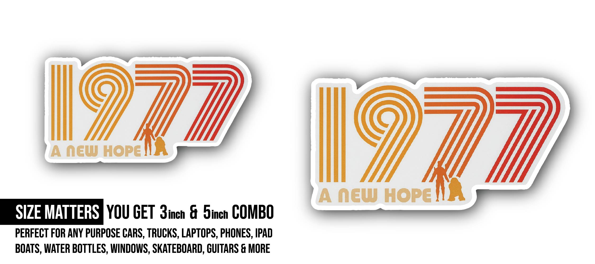 1977 A New Hope Sticker, Waterproof Vinyl Decal Sticker Indoor Or Outdoor 2 (Pieces) 3" and 5"