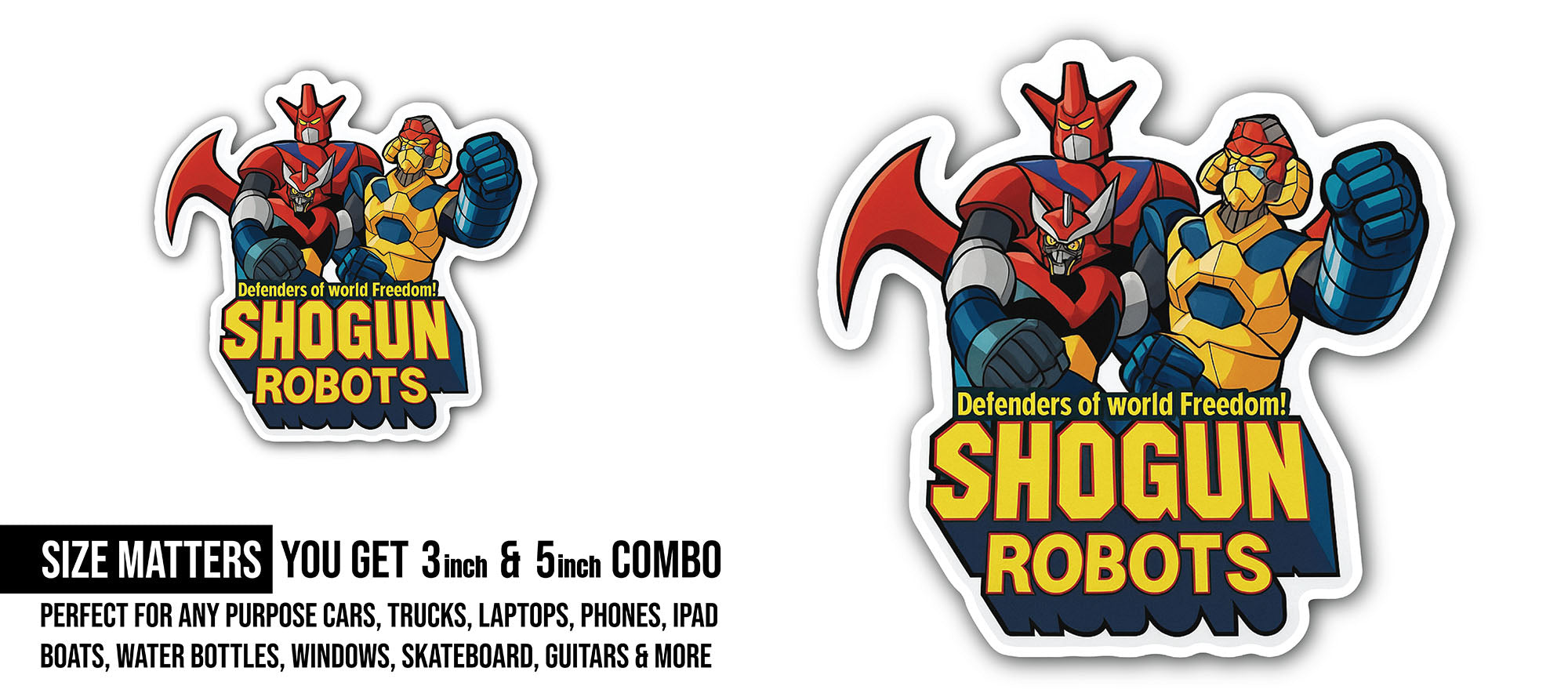 Shogun Robots Sticker, Waterproof Vinyl Decal Sticker Indoor Or Outdoor 2 (Pieces) 3" and 5"