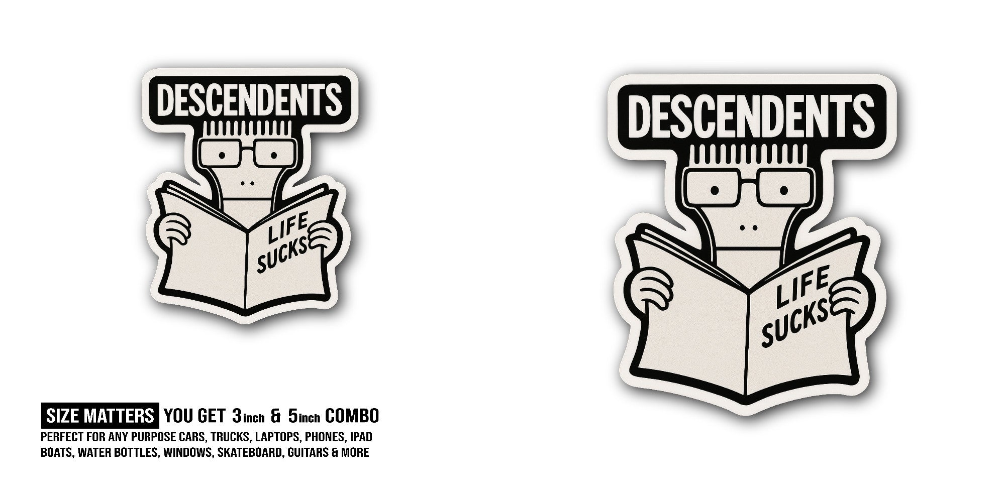 Descendents Life Sucks Sticker, Waterproof Vinyl Decal Sticker Indoor Or Outdoor 2 (Pieces) 3" and 5"