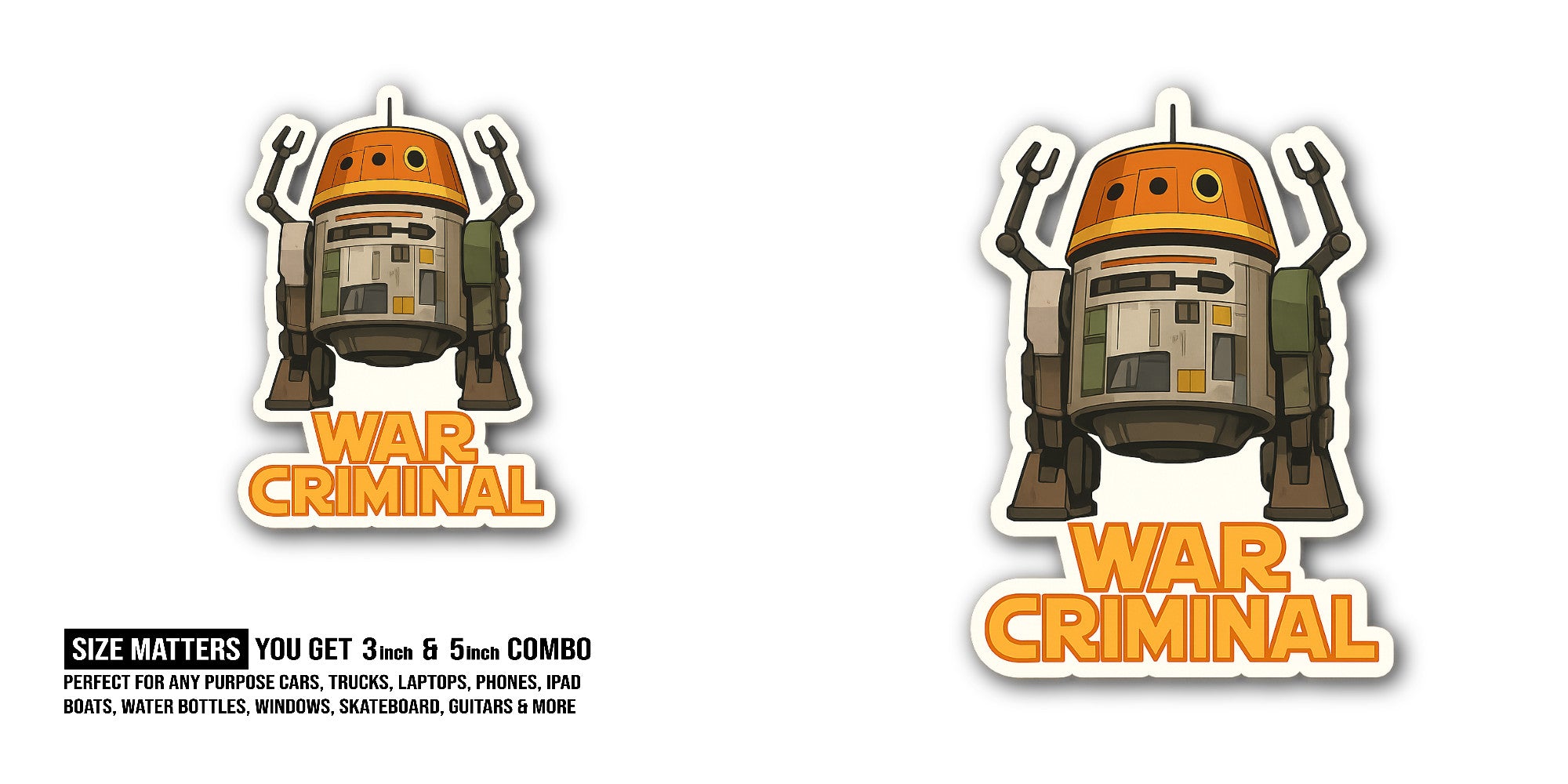 WAR Criminal Sticker, Waterproof Vinyl Decal Sticker Indoor Or Outdoor 2 (Pieces) 3" and 5"