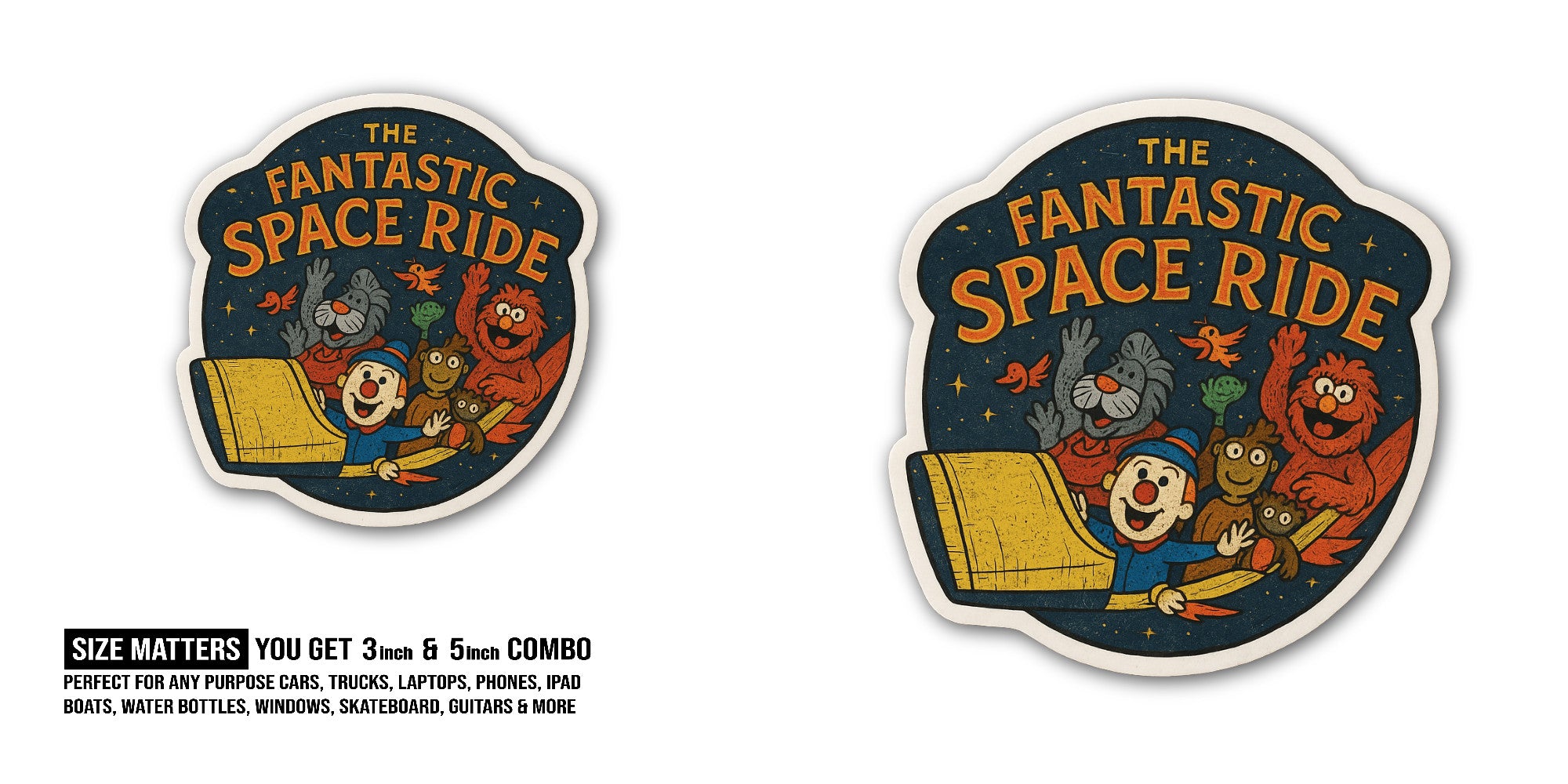 The Fantastic Space Ride Sticker, Waterproof Vinyl Decal Sticker Indoor Or Outdoor 2 (Pieces) 3" and 5"