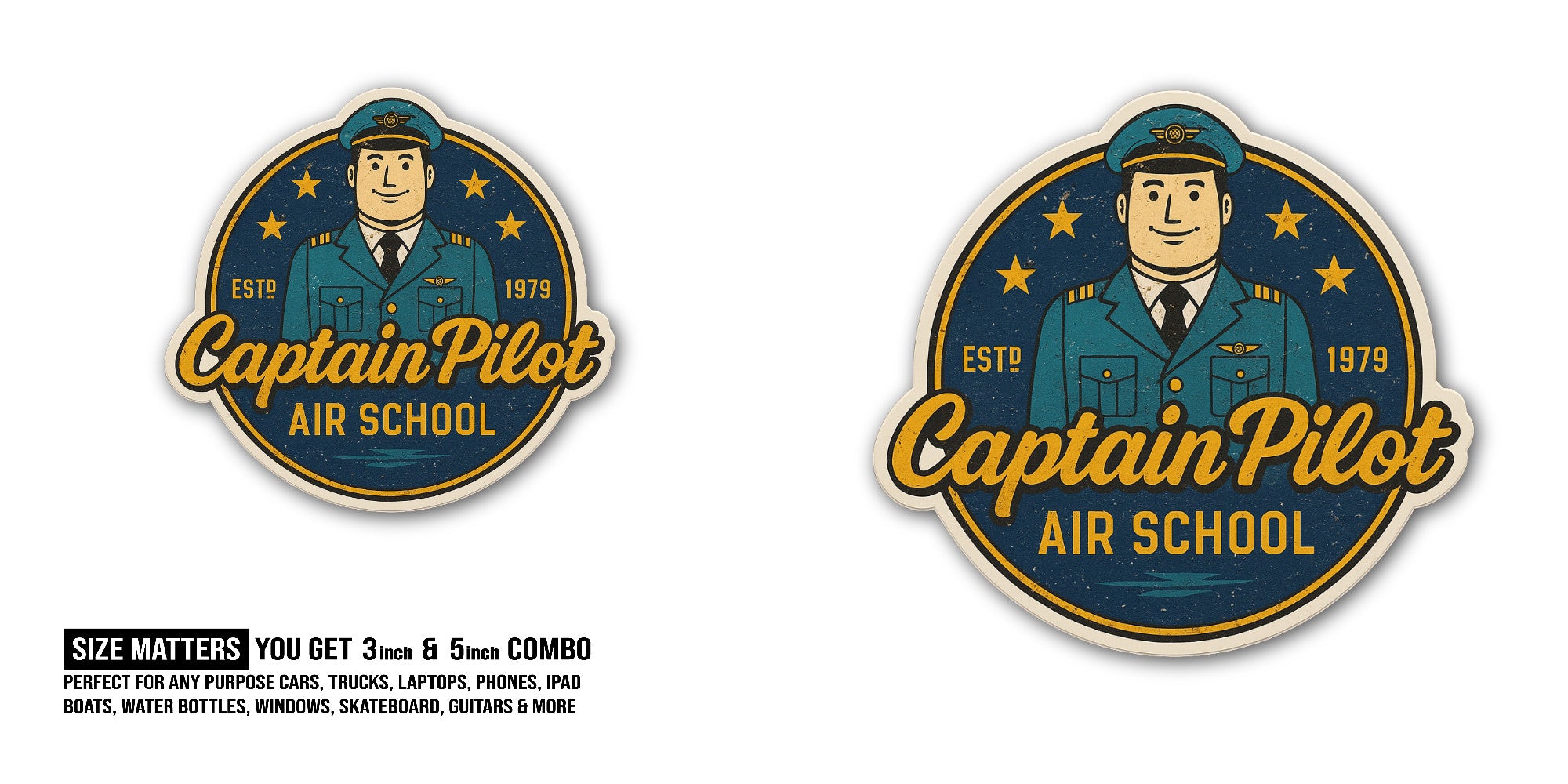 Captain Pilot AIR School Sticker, Waterproof Vinyl Decal Sticker Indoor Or Outdoor 2 (Pieces) 3" and 5"