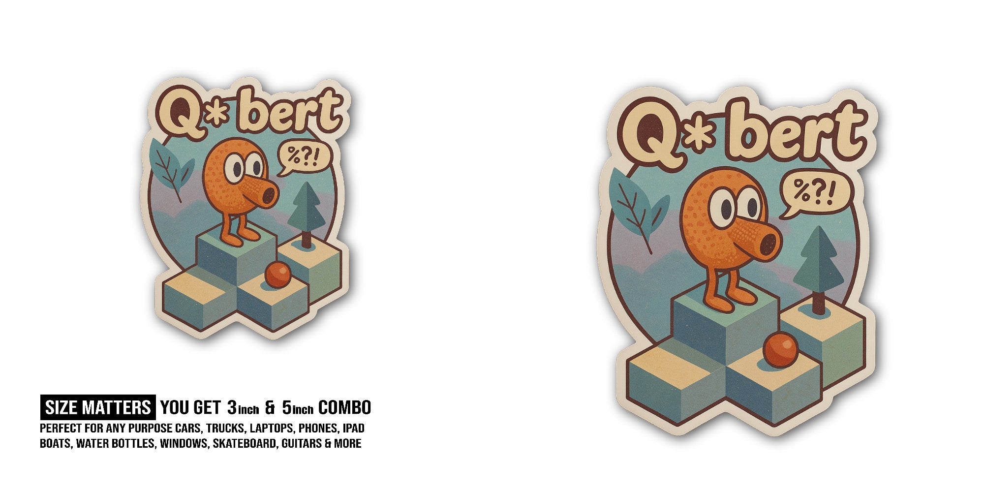 Qbert Sticker, Waterproof Vinyl Decal Sticker Indoor Or Outdoor 2 (Pieces) 3" and 5"