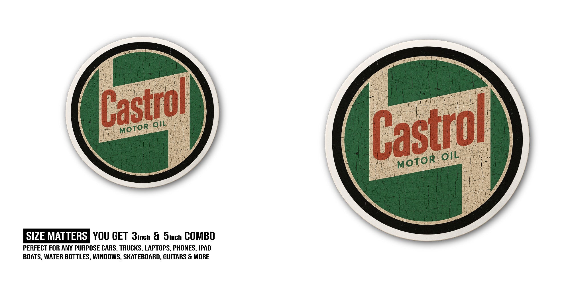 Castrol Motor Oil Sticker, Waterproof Vinyl Decal Sticker Indoor Or Outdoor 2 (Pieces) 3" and 5"