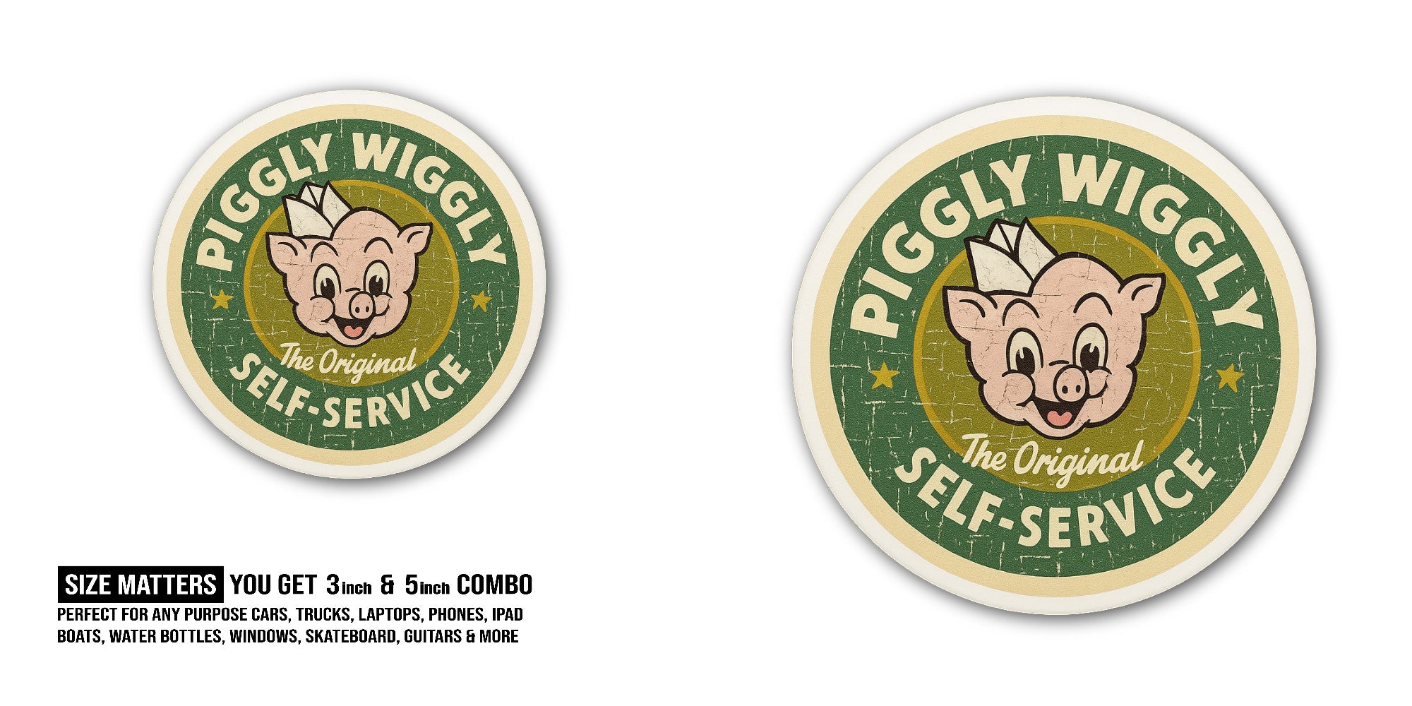 Piggly Wiggly Sticker, Waterproof Vinyl Decal Sticker Indoor Or Outdoor 2 (Pieces) 3" and 5"