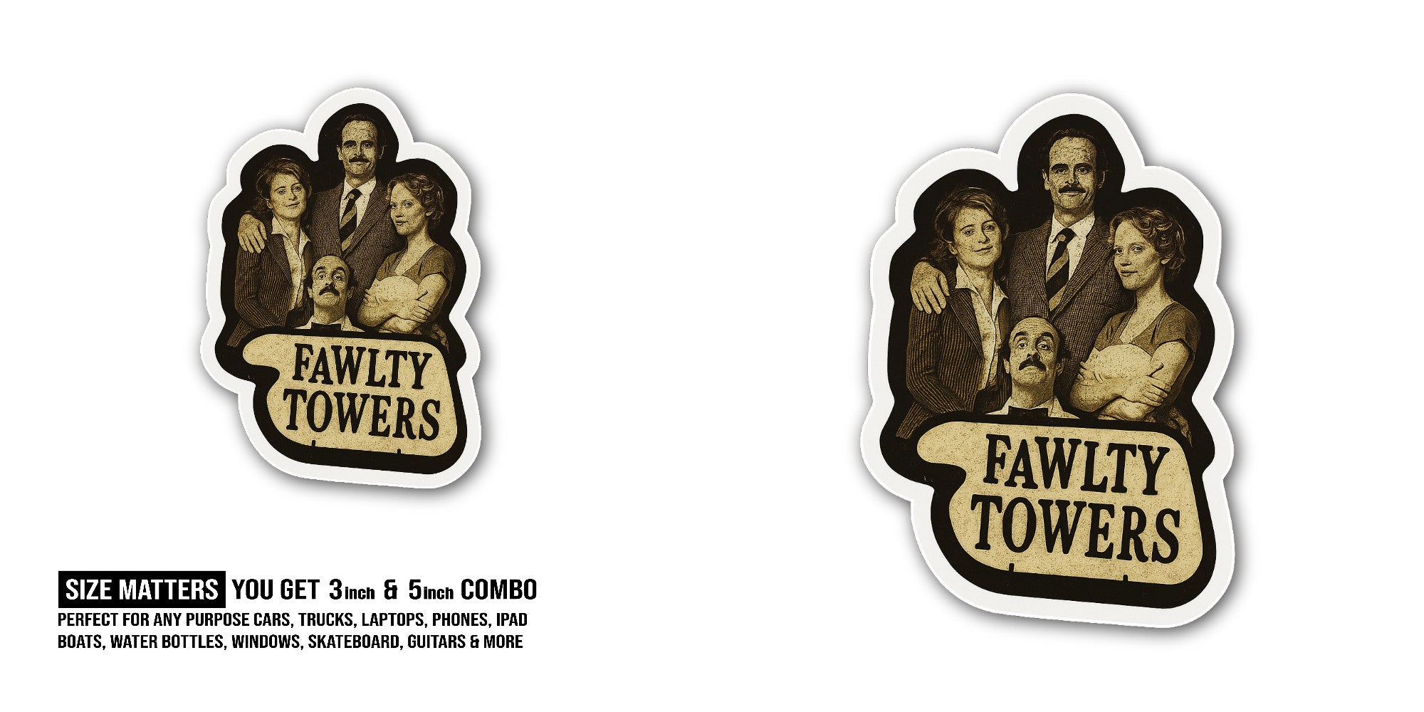 Fawlty Towers Sticker, Waterproof Vinyl Decal Sticker Indoor Or Outdoor 2 (Pieces) 3" and 5"