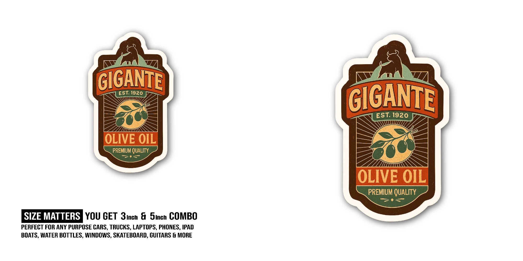 GIGANTE OLIVE OIL Sticker, Waterproof Vinyl Decal Sticker Indoor Or Outdoor 2 (Pieces) 3" and 5"