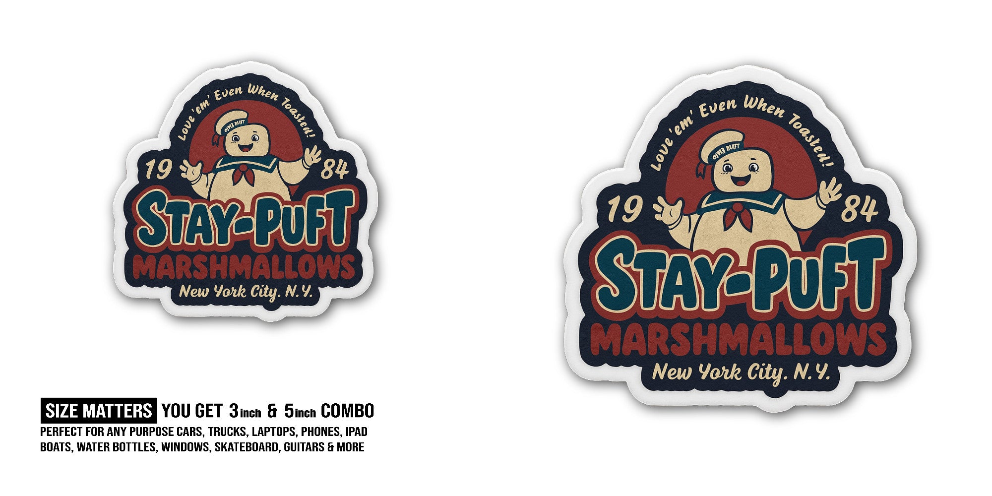 Stay Puft Marshmallow Man Sticker, Waterproof Vinyl Decal Sticker Indoor Or Outdoor 2 (Pieces) 3" and 5"