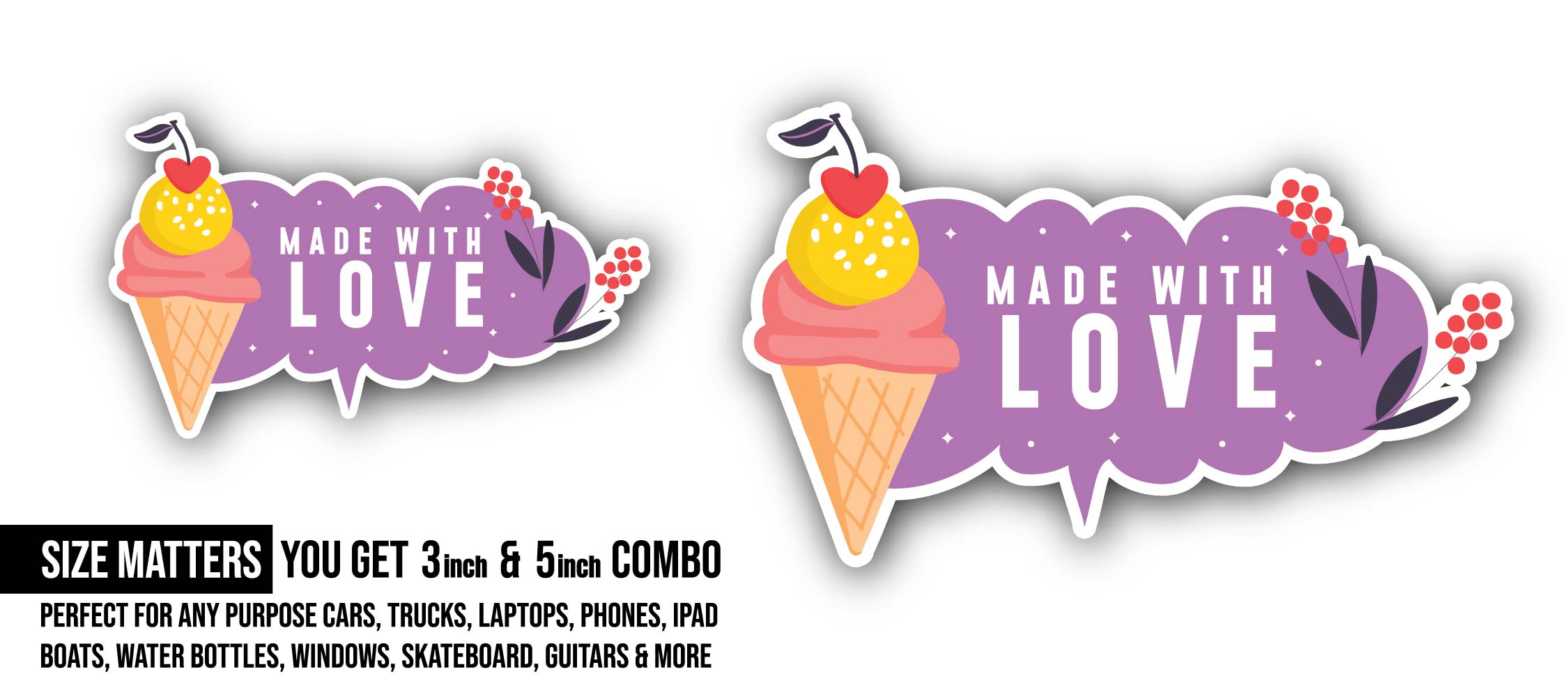 Ice-Cream & Made with Love Text Sticker, Waterproof Vinyl Decal Sticker Indoor Or Outdoor 2 (Pieces) 3" and 5"