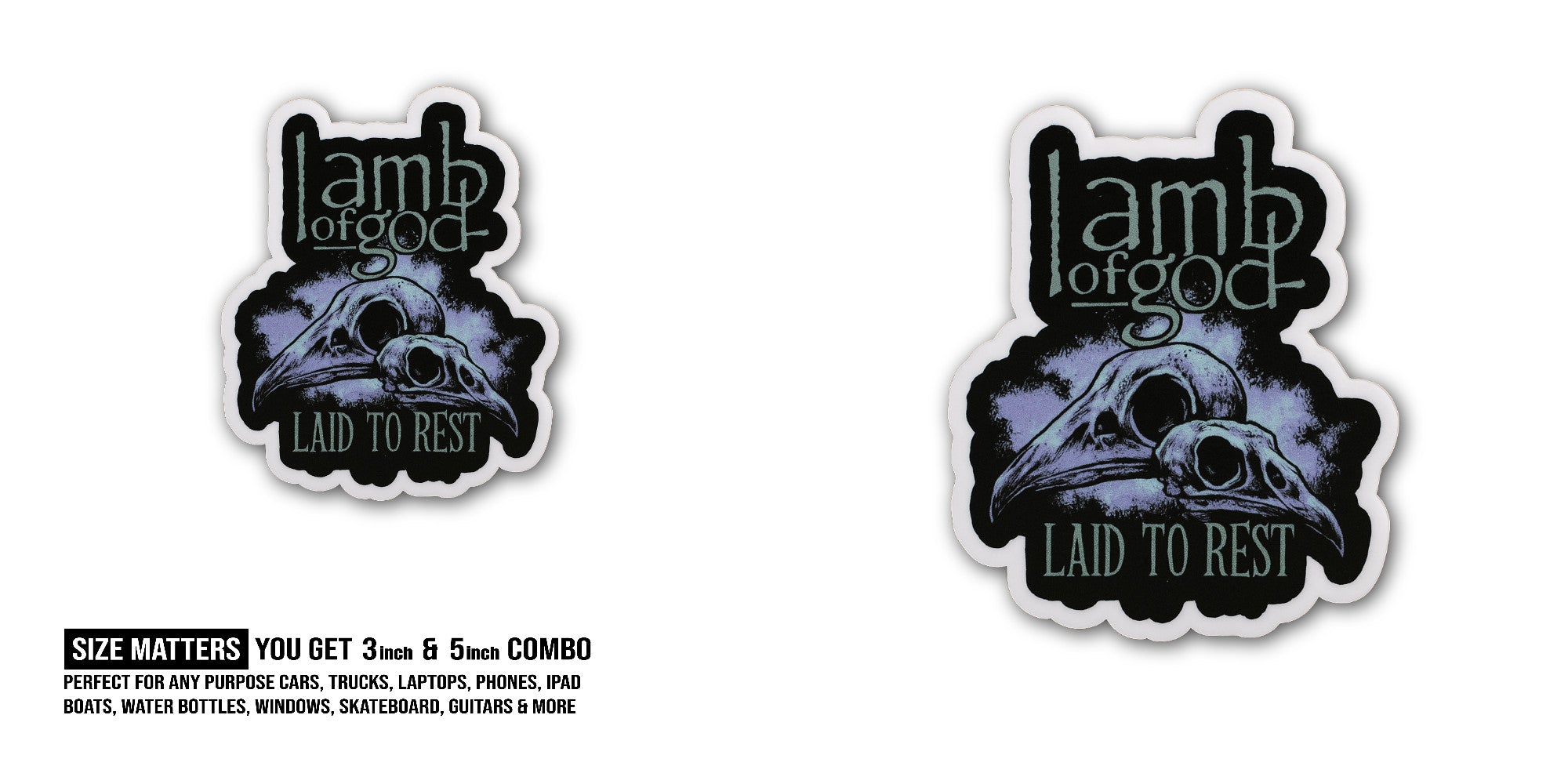 Lamb of God Laid to Rest Sticker, Waterproof Vinyl Decal Sticker Indoor Or Outdoor 2 (Pieces) 3" and 5"
