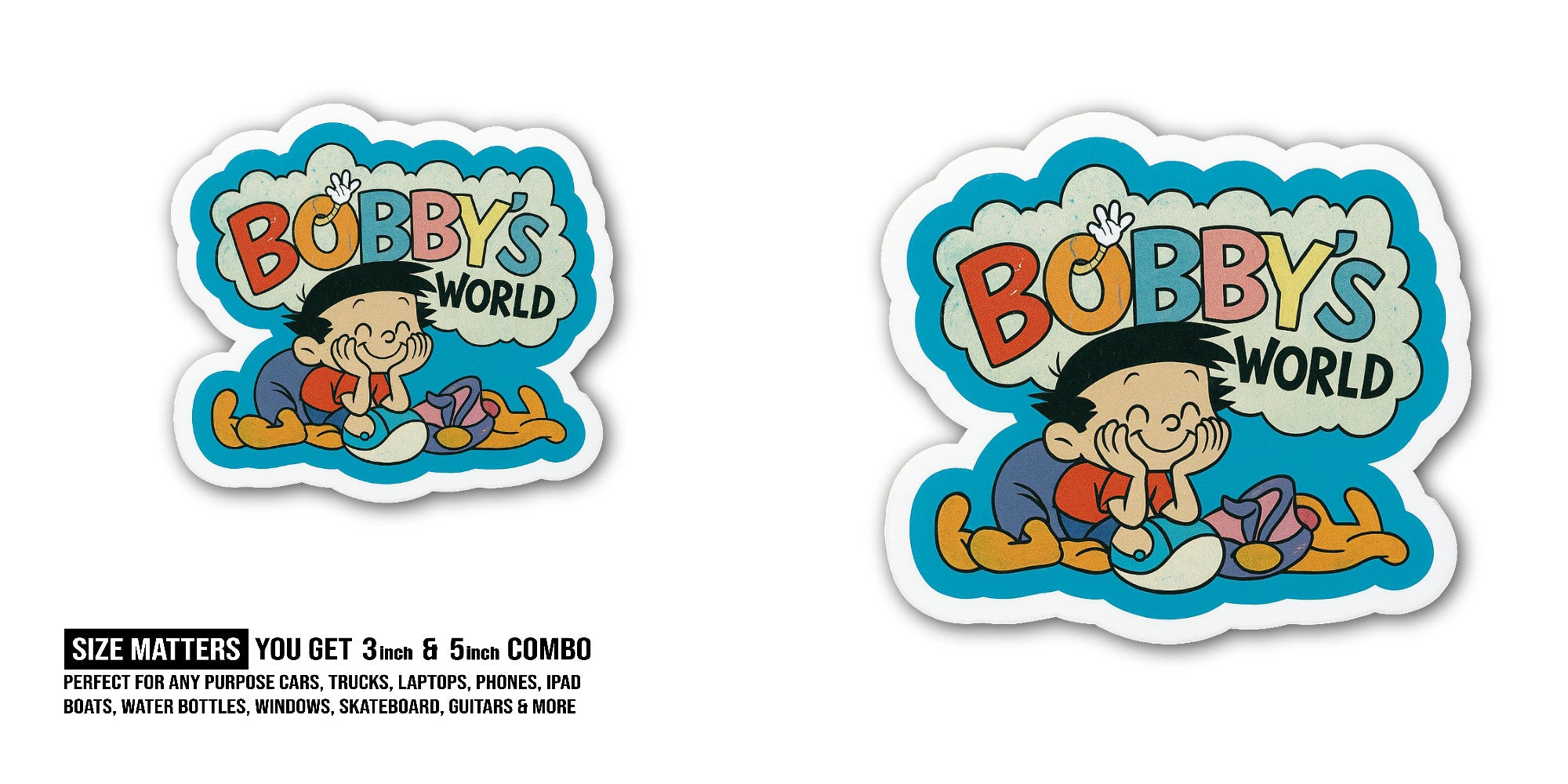 Bobby's World Sticker, Waterproof Vinyl Decal Sticker Indoor Or Outdoor 2 (Pieces) 3" and 5"