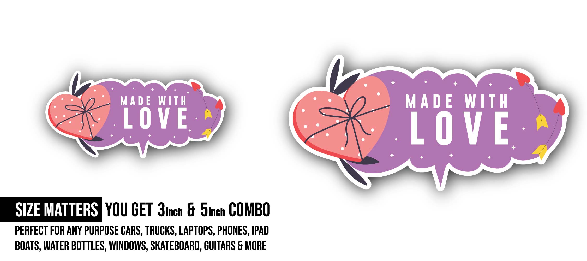 Heart Shape Gift & Made With Love Text Sticker, Waterproof Vinyl Decal Sticker Indoor Or Outdoor 2 (Pieces) 3" and 5"