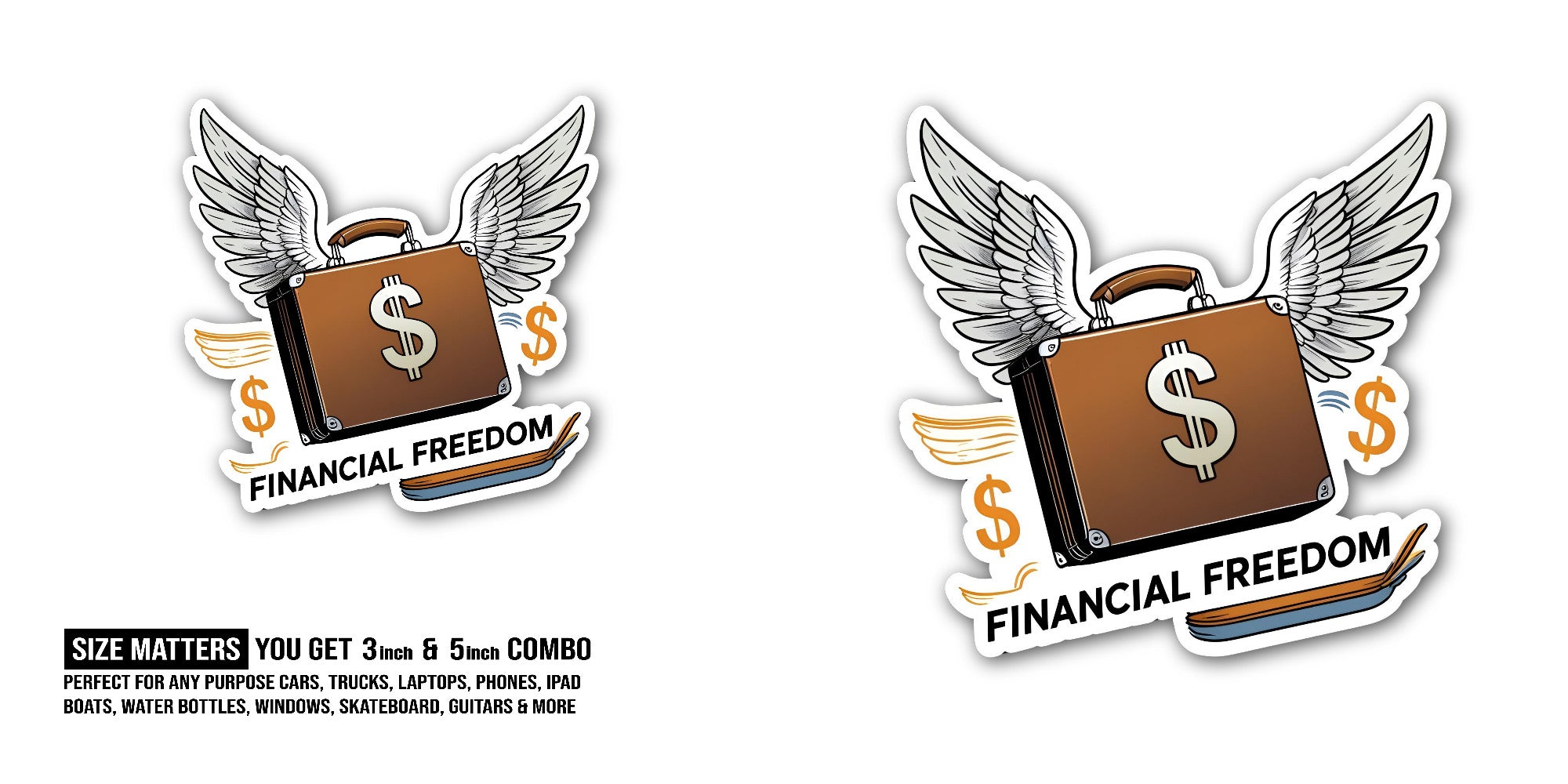 FINANCIAL FREEDOM Sticker, Waterproof Vinyl Decal Sticker Indoor Or Outdoor 2 (Pieces) 3" and 5"