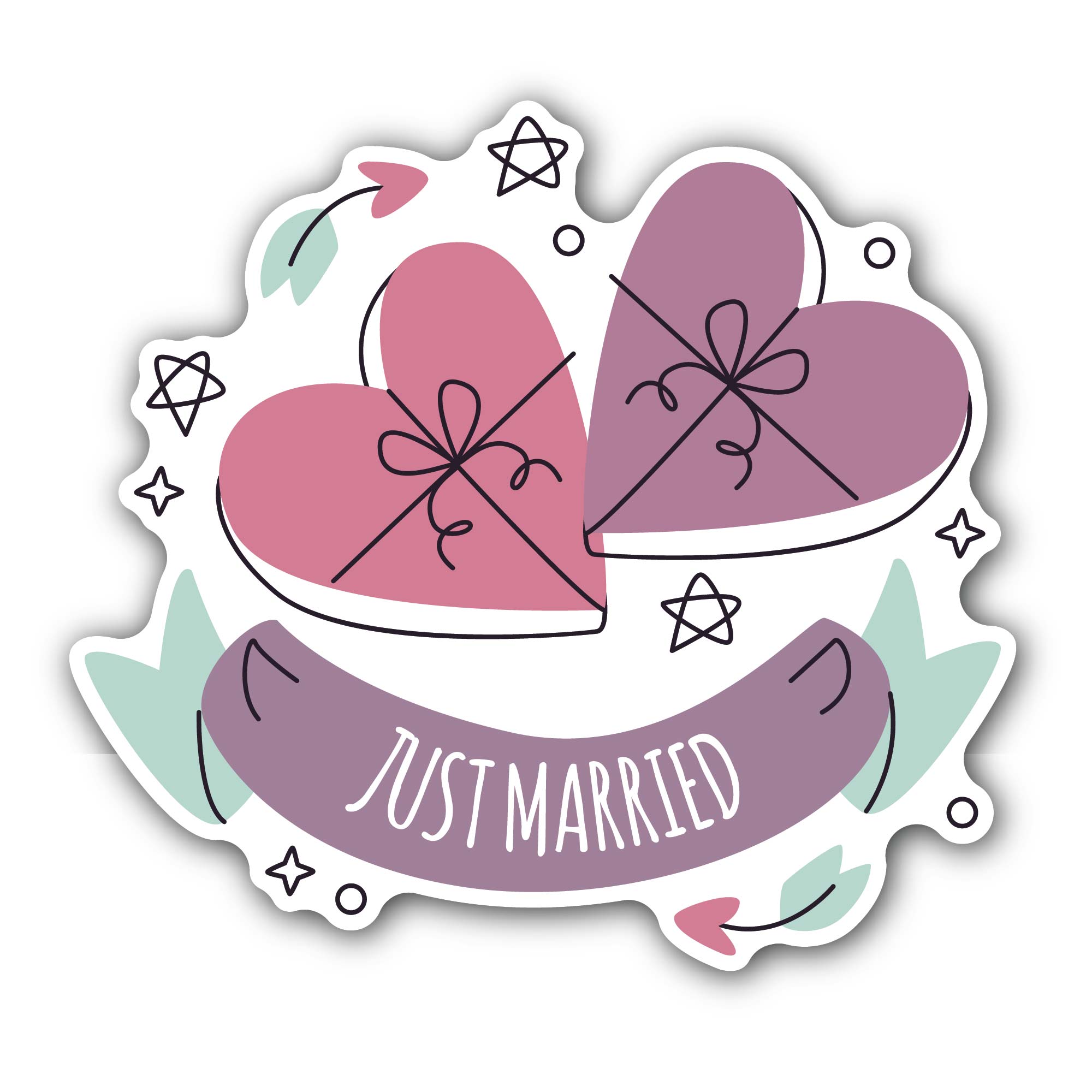 Heart Shape Gifts & Just Married Sticker, Waterproof Vinyl Decal Sticker Indoor Or Outdoor 2 (Pieces) 3" and 5"