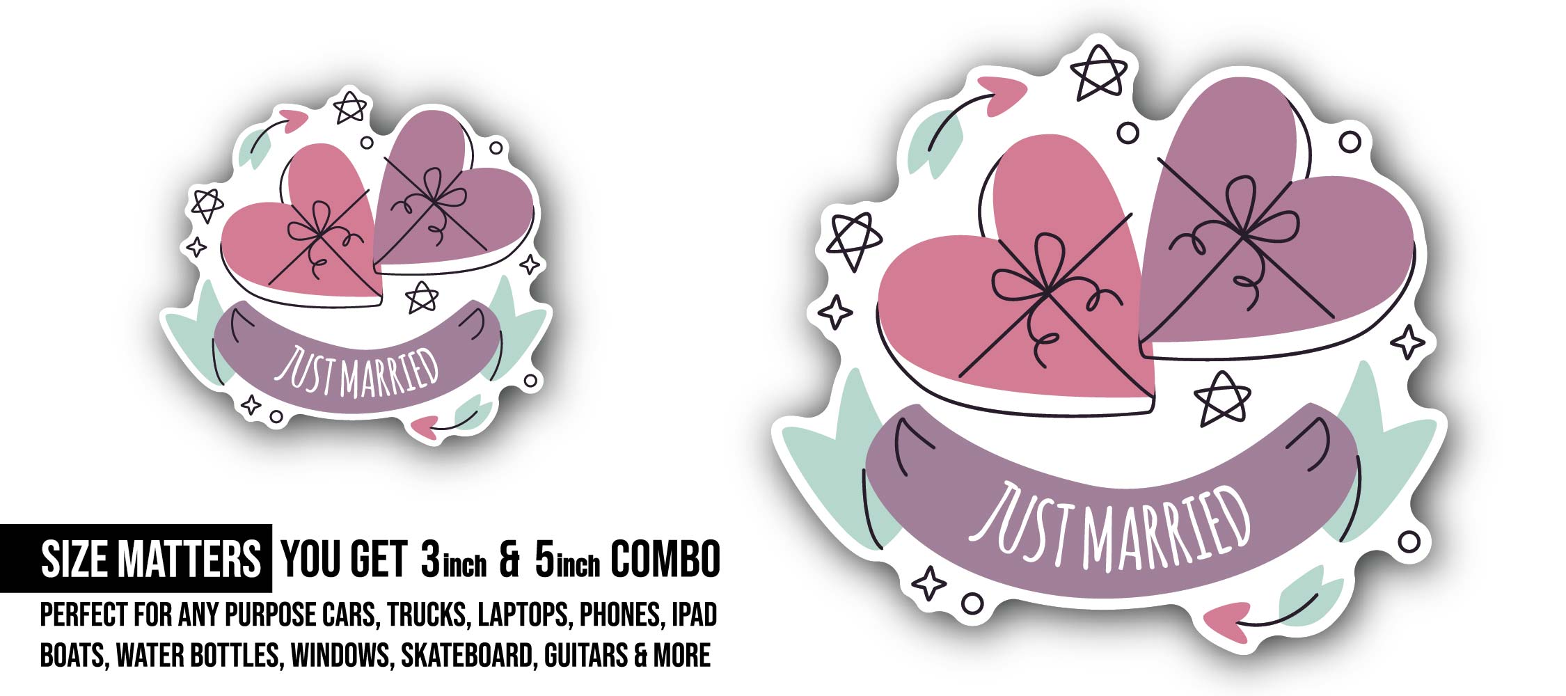 Heart Shape Gifts & Just Married Sticker, Waterproof Vinyl Decal Sticker Indoor Or Outdoor 2 (Pieces) 3" and 5"