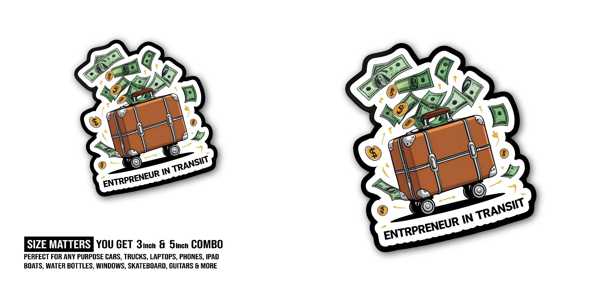 ENTRPRENEUR IN TRANSIIT Sticker, Waterproof Vinyl Decal Sticker Indoor Or Outdoor 2 (Pieces) 3" and 5"