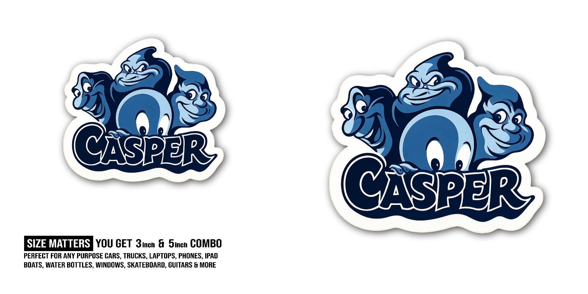 Casper Sticker, Waterproof Vinyl Decal Sticker Indoor Or Outdoor 2 (Pieces) 3" and 5"