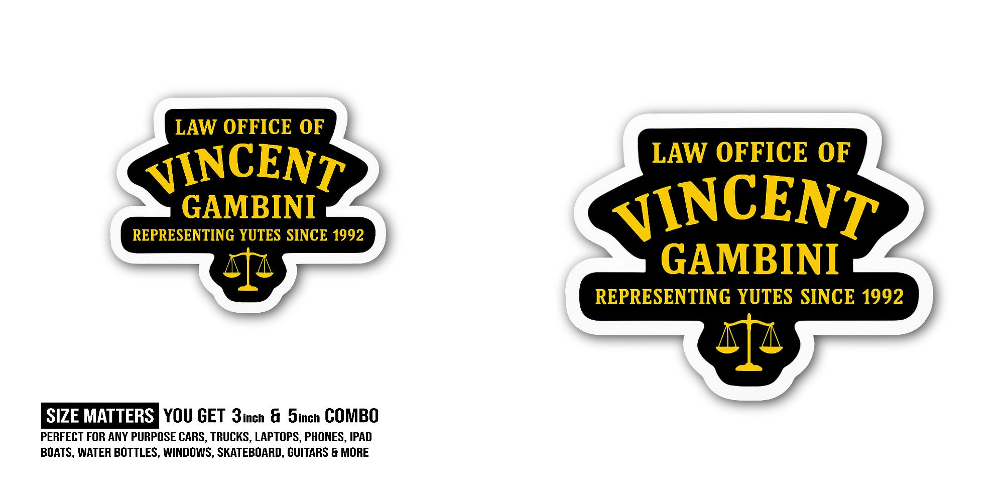 Law Offices of Vincent Gambini Sticker, Waterproof Vinyl Decal Sticker Indoor Or Outdoor 2 (Pieces) 3" and 5"