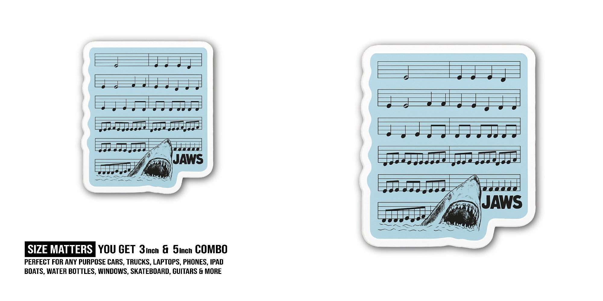 JAWS Sticker, Waterproof Vinyl Decal Sticker Indoor Or Outdoor 2 (Pieces) 3" and 5"