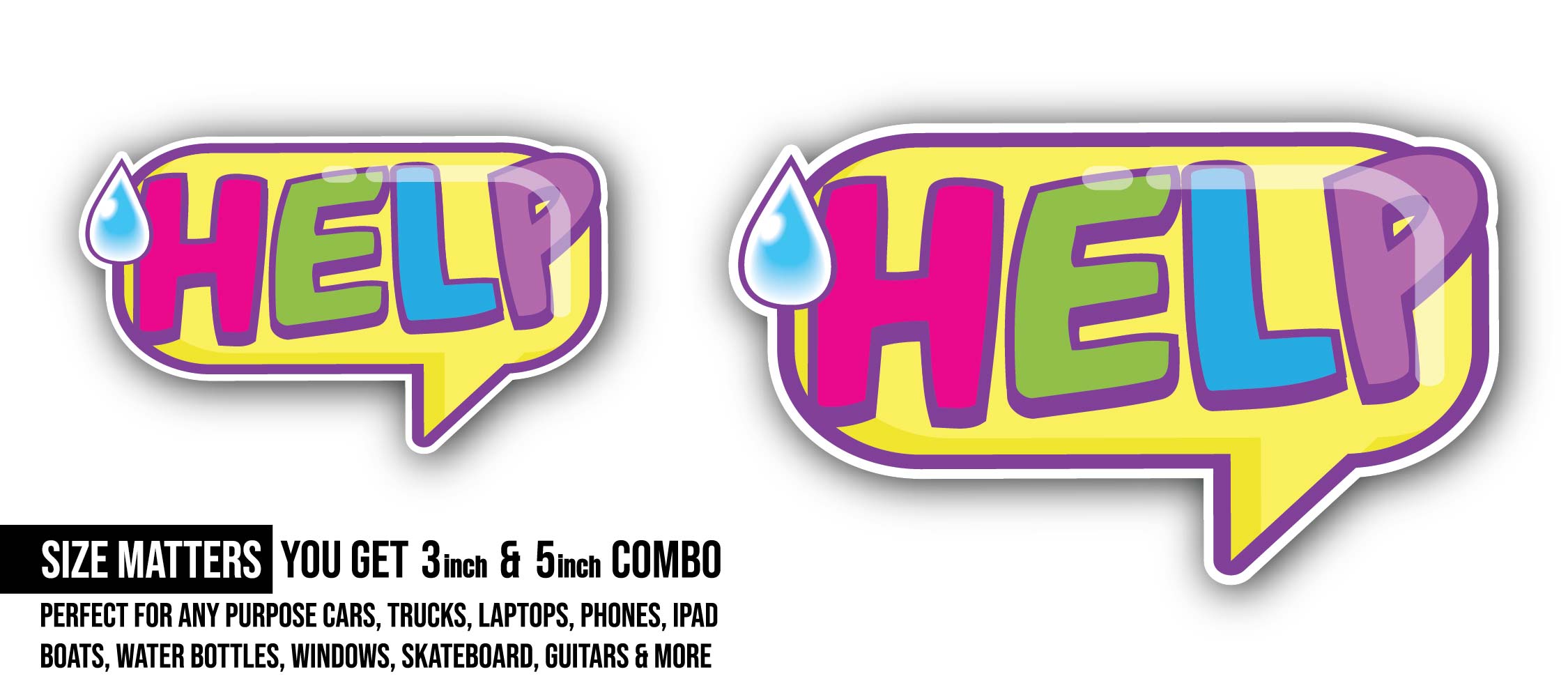 Help Balloon Talk Sticker, Waterproof Vinyl Decal Sticker Indoor Or Outdoor 2 (Pieces) 3" and 5"