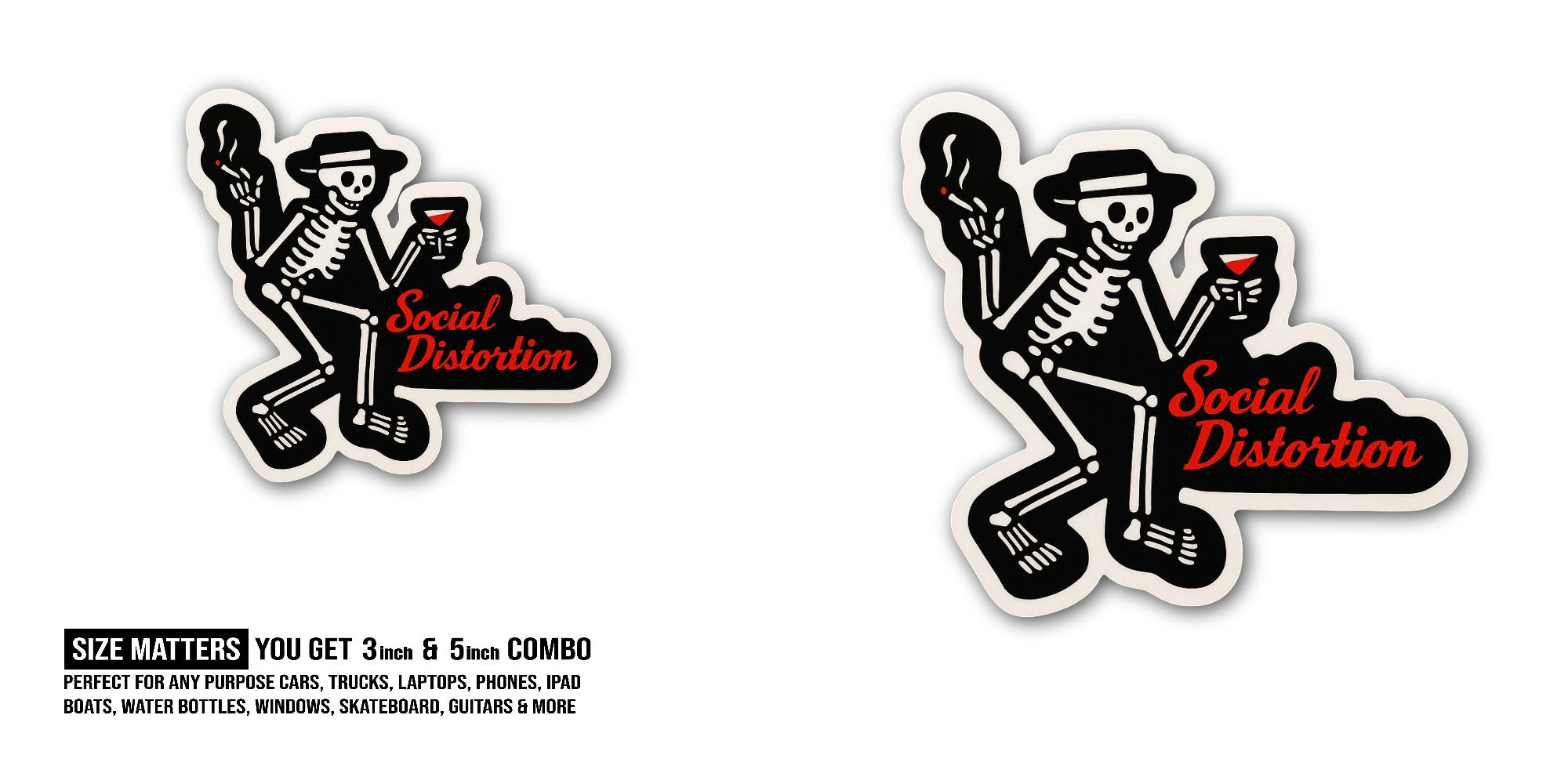 Social Distortion Skull Sticker, Waterproof Vinyl Decal Sticker Indoor Or Outdoor 2 (Pieces) 3" and 5"