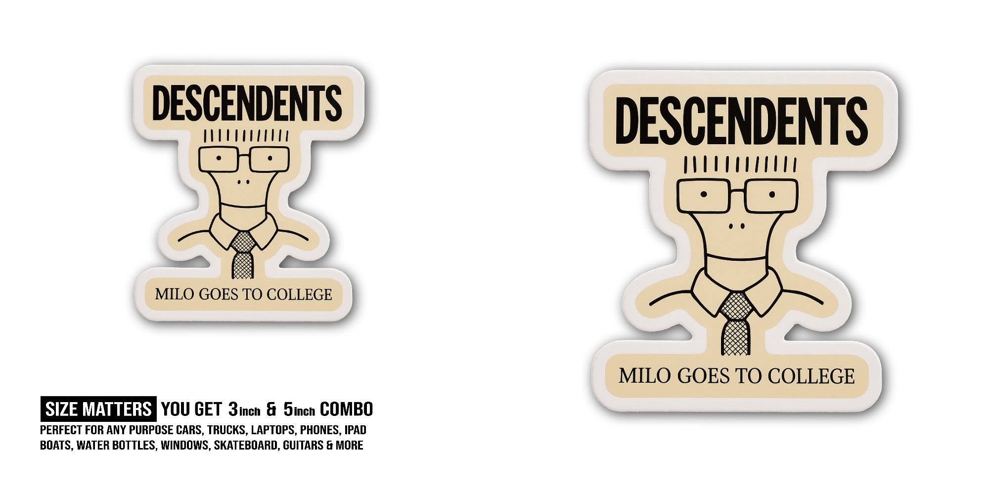 Descendents Milo GOES to College Sticker, Waterproof Vinyl Decal Sticker Indoor Or Outdoor 2 (Pieces) 3" and 5"