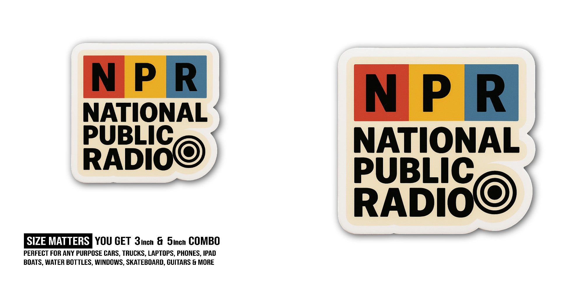 NPR National Public Radio Sticker, Waterproof Vinyl Decal Sticker Indoor Or Outdoor 2 (Pieces) 3" and 5"