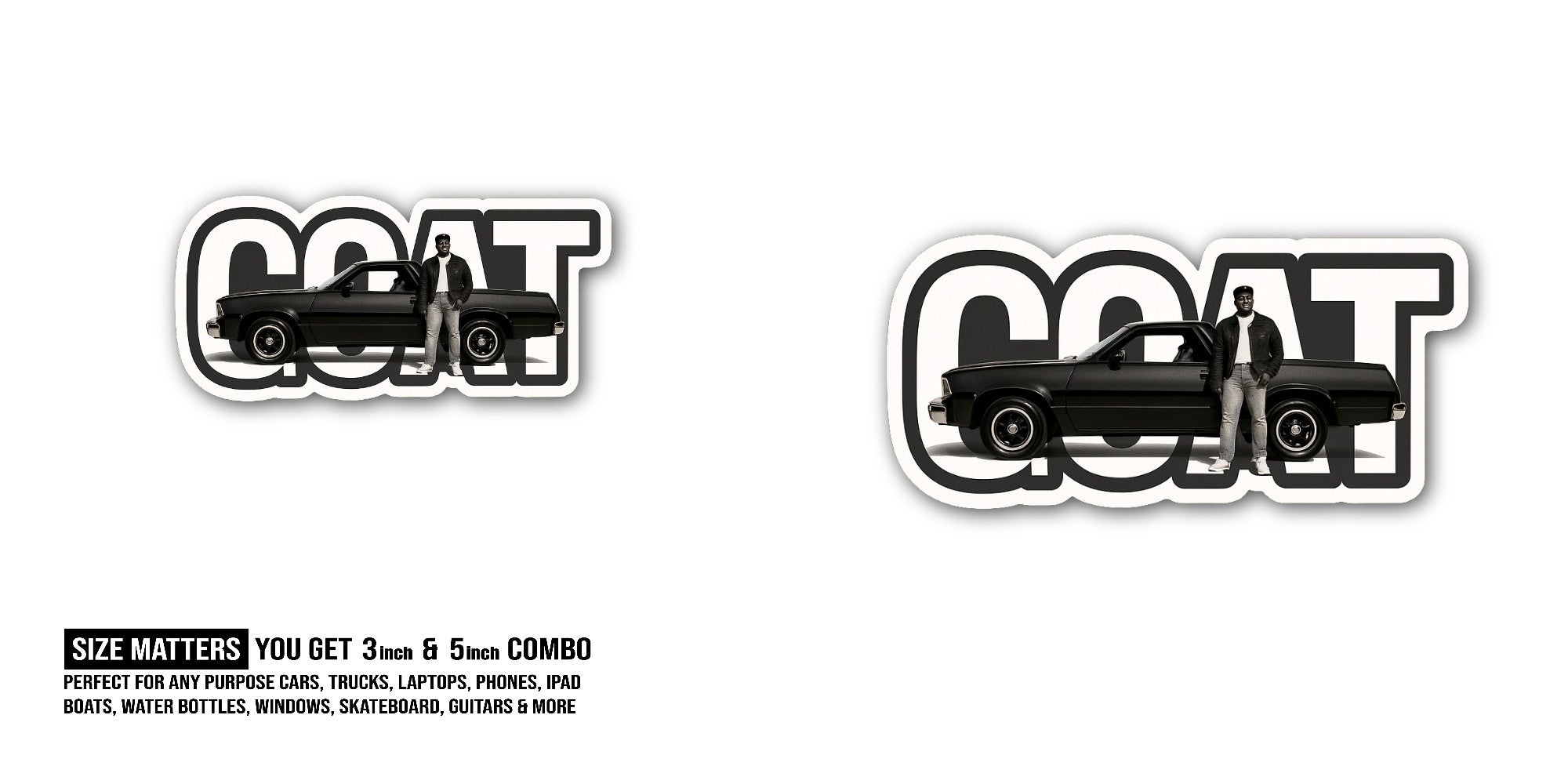 Coat & A Car with Man Sticker, Waterproof Vinyl Decal Sticker Indoor Or Outdoor 2 (Pieces) 3" and 5"