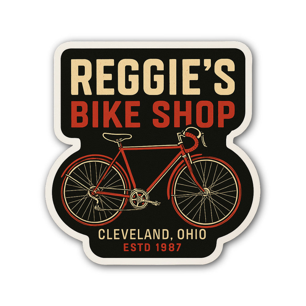 REGGIE'S Bike Shop Sticker, Waterproof Vinyl Decal Sticker Indoor Or Outdoor 2 (Pieces) 3" and 5"