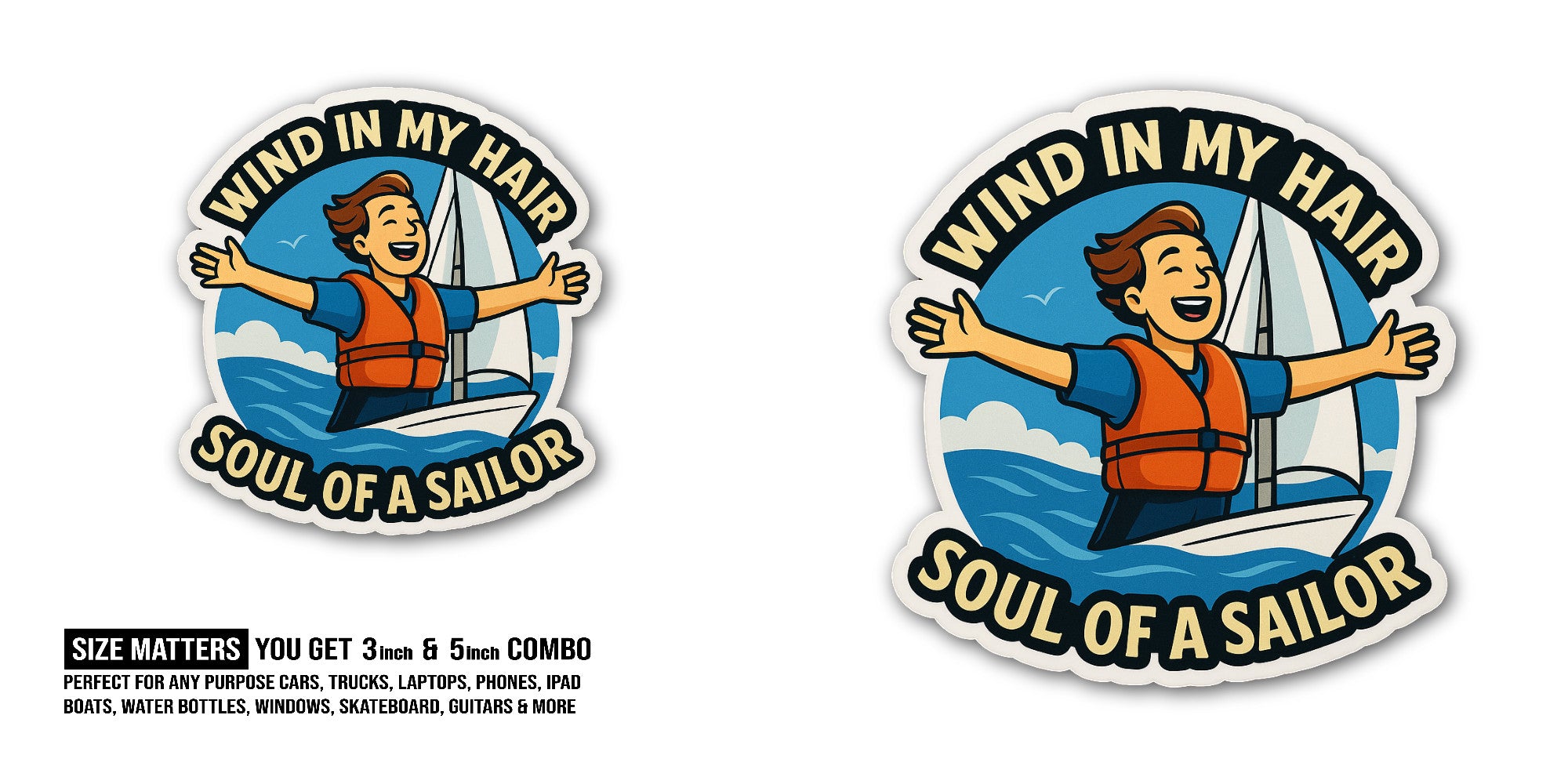 Wind in My Hair Sticker, Waterproof Vinyl Decal Sticker Indoor Or Outdoor 2 (Pieces) 3" and 5"