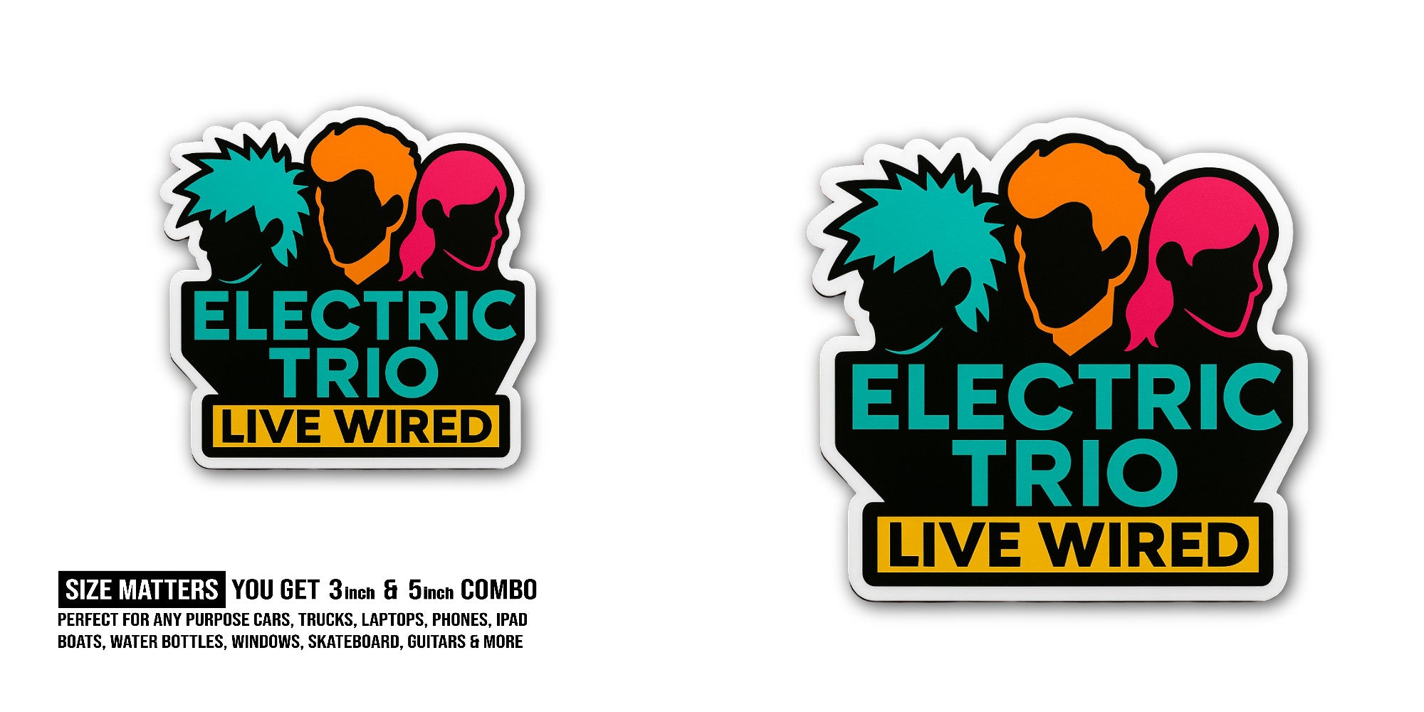 Electric Trio Live Wired Sticker, Waterproof Vinyl Decal Sticker Indoor Or Outdoor 2 (Pieces) 3" and 5"