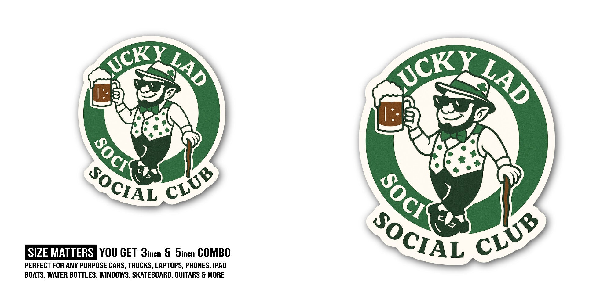 LUCKY LAD SOCIE Social Club Sticker, Waterproof Vinyl Decal Sticker Indoor Or Outdoor 2 (Pieces) 3" and 5"