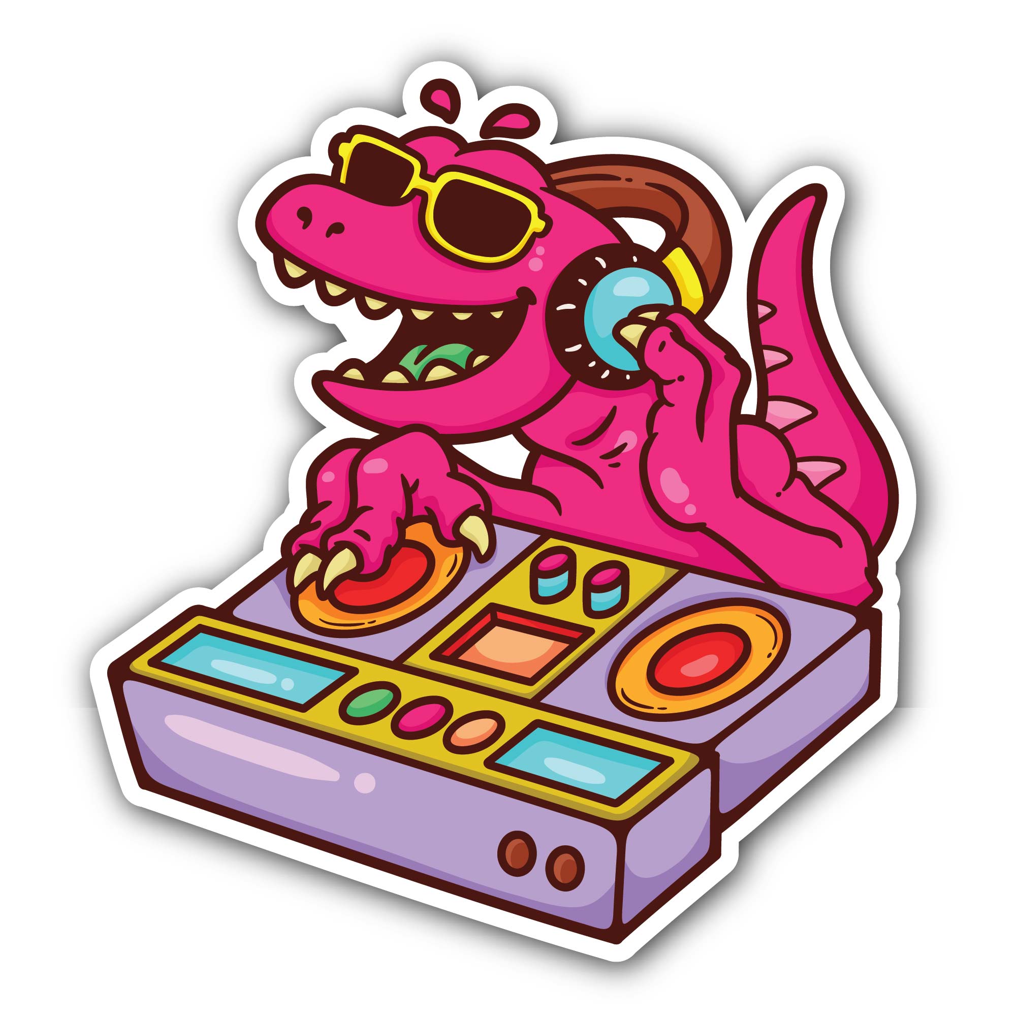 Pink DJ Dinosaur Sticker, Waterproof Vinyl Decal Sticker Indoor Or Outdoor 2 (Pieces) 3" and 5"